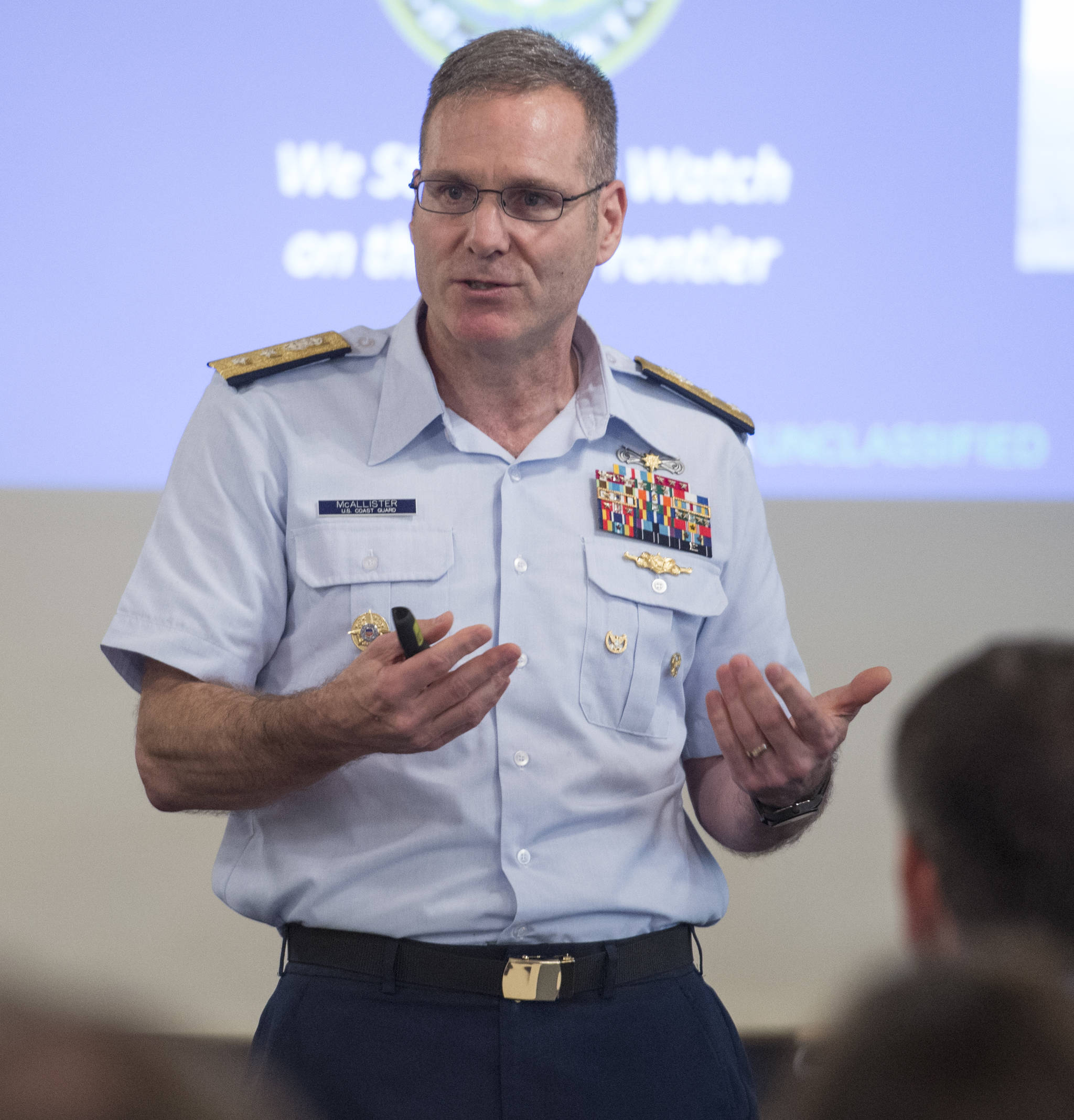 Rear Admiral Michael McAllister, Commander of the U.S. Coast Guard’s 17th District, speaks to the Juneau Chamber of Commerce at the Moose Lodge on Thursday, July 20, 2017. (Michael Penn | Juneau Empire)