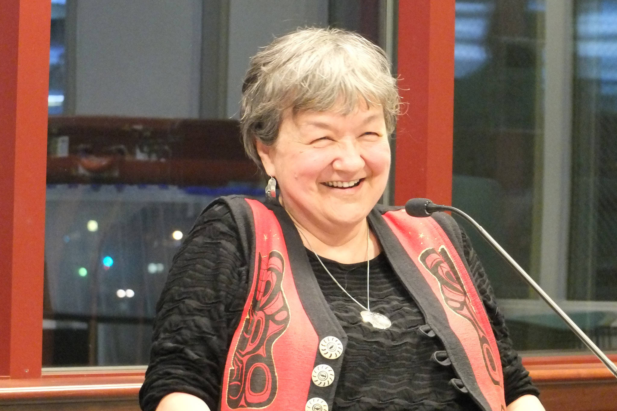 In this file photo, Tlingit author Ernestine Hayes laughs at a September 2015 49 Writers Crosscurrents panel called “Shaped by the North.” Hayes will speak at the Father Andrew P. Kashevaroff State Library, Archives and Museum on Aug. 4 about deeper meanings behind our heroes. (Mary Catharine Martin | Juneau Empire)