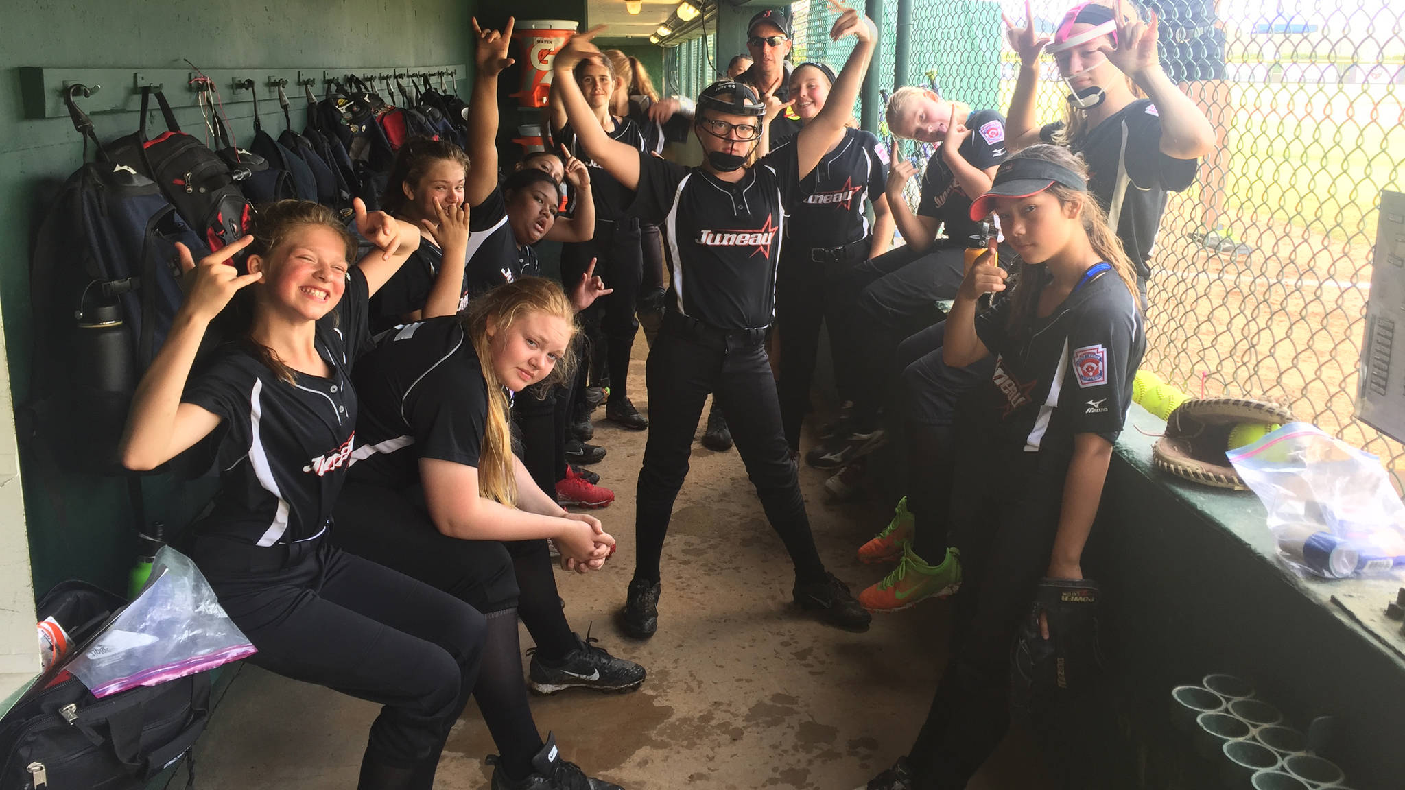 The Gastineau Channel Little League Major Softball All-Stars show their game faces prior to playing Montana on Tuesday at the Little League West Regional Tournament in San Bernardino, California. The Juneau team defeated Montana 2-1 to stay alive in the tournament. (Photo courtesy of Ethan Billings)