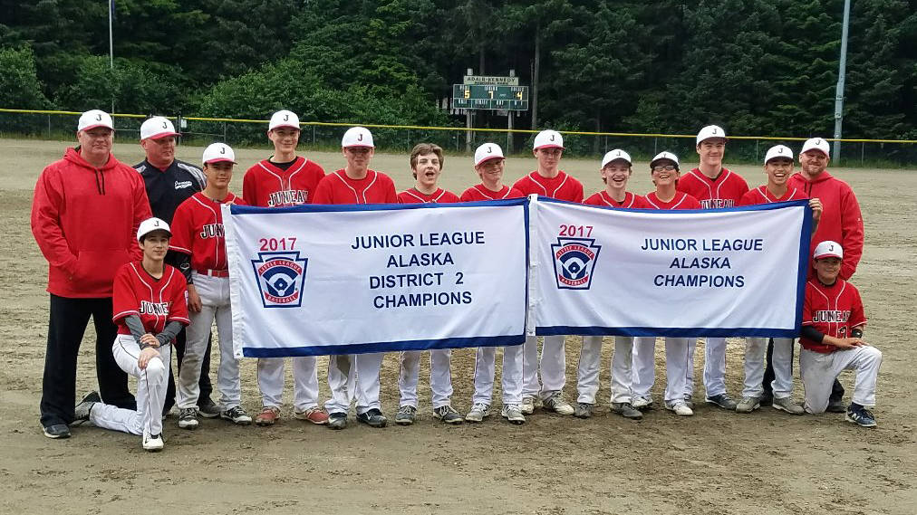 The Gastineau Channel Little League Junior All-Stars celebrate their state and district championships, Tuesday, July 25, at Adair-Kennedy Field. (Photo courtesy of Larry Schrader)