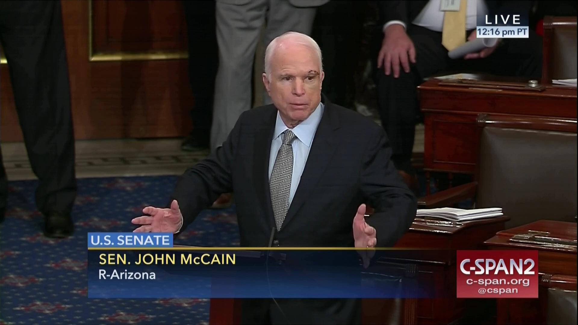 In this image from video provided by C-SPAN2, Sen. John McCain, R-Arizona, speaks the floor of the Senate on Capitol Hill in Washington, Tuesday, July 25, 2017. McCain returned to Congress for the first time since being diagnosed with brain cancer. (C-SPAN2 via AP)