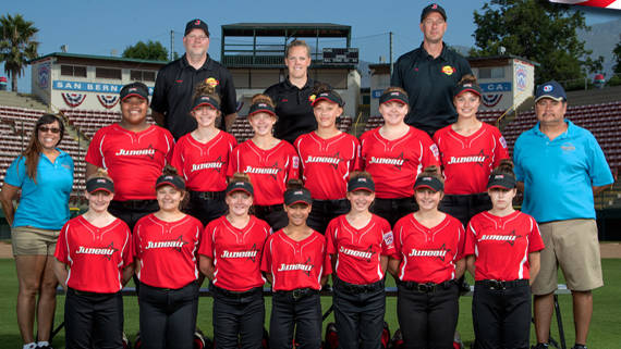 The official Little League Western Region Alaska team photo. Top row (l to r): Ethan Billings, Nicole Adair, Jim Carson. Middle row: Tahila Kuma, Riley Harp, Sydney Strong, Kiah Yadao, Aspen Kasper, Peyton Carson. Bottom row: Anna Dale, Ruby Davis, Mariah Schauwecker, Tristan Oliva, Zoey Billings, Gloria Bixby, Tyler Johnson. (Photo courtesy of Ethan Billings)
