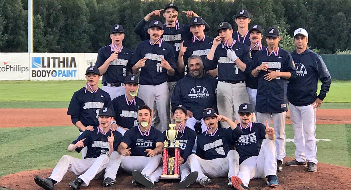 The Juneau Post 25 team celebrates their 2017 American Legion Alaska State Tournament championship, Saturday, July 30, at Mulcahy Stadium in Anchorage. The team defeated South Post 4 and Service Post 28 on the final day of the tournament to win the title. (Photo courtesy of Tami Wahto)