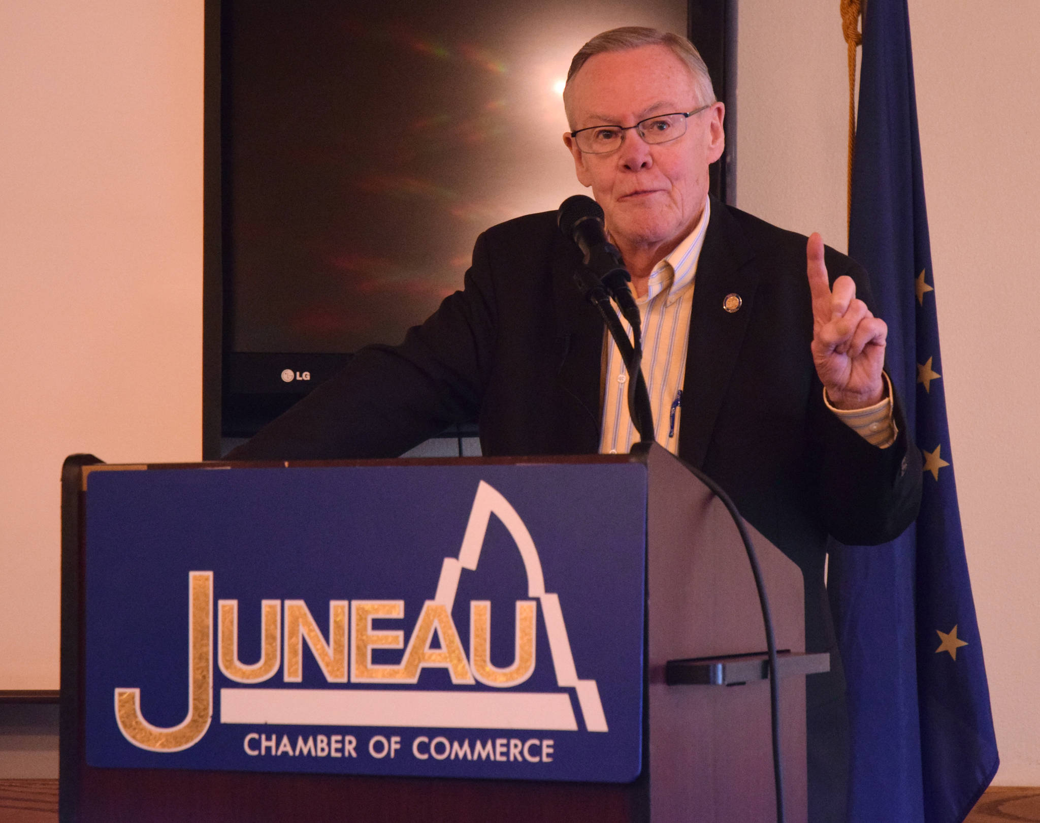 Sen. Dennis Egan, D-Juneau, speaks to the Juneau Chamber of Commerce’s weekly luncheon Thursday, Aug. 3, 2017 at the Juneau Moose Lodge. (James Brooks | Juneau Empire)