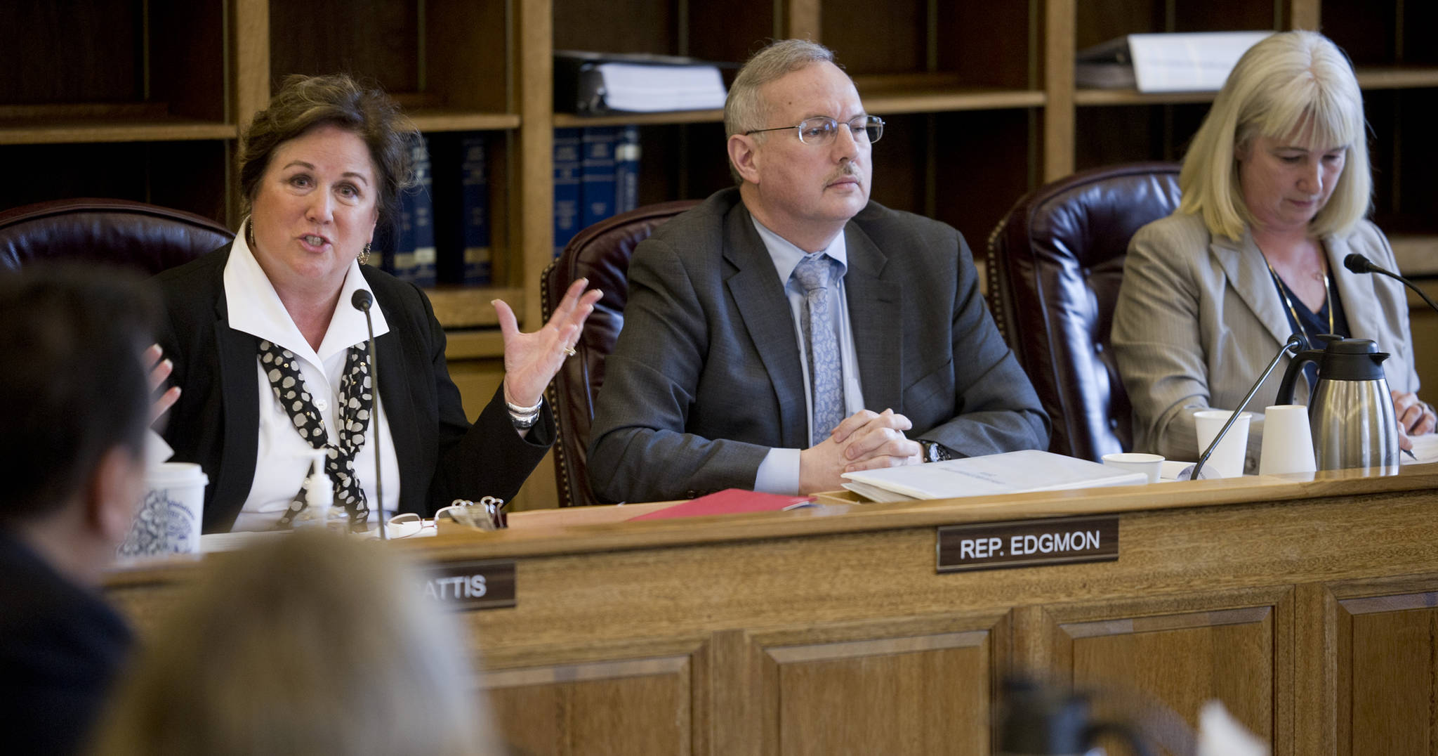 Rep. Lynn Gattis, R-Wasilla, left, speaks during a March 2016 meeting of the House Finance Committee. Gattis, who lost her bid for the Alaska Senate later that year, is running for lieutenant governor. (Michael Penn | Juneau Empire file)