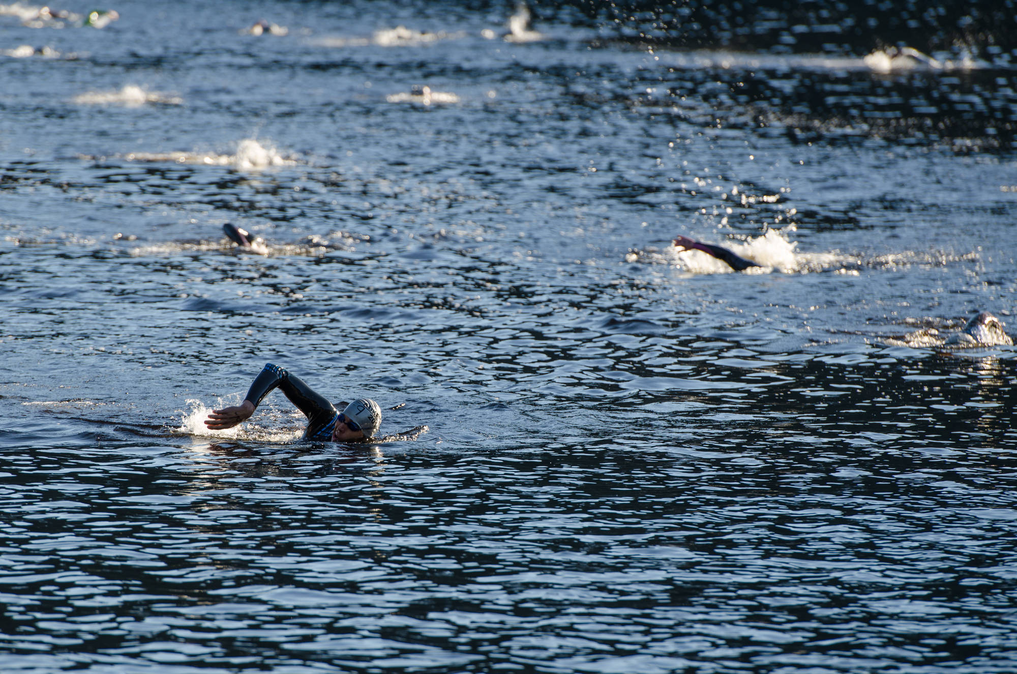 Competitors make their way back to land Saturday during the Aukeman Triathlon. (Konrad Frank | For the Juneau Empire)
