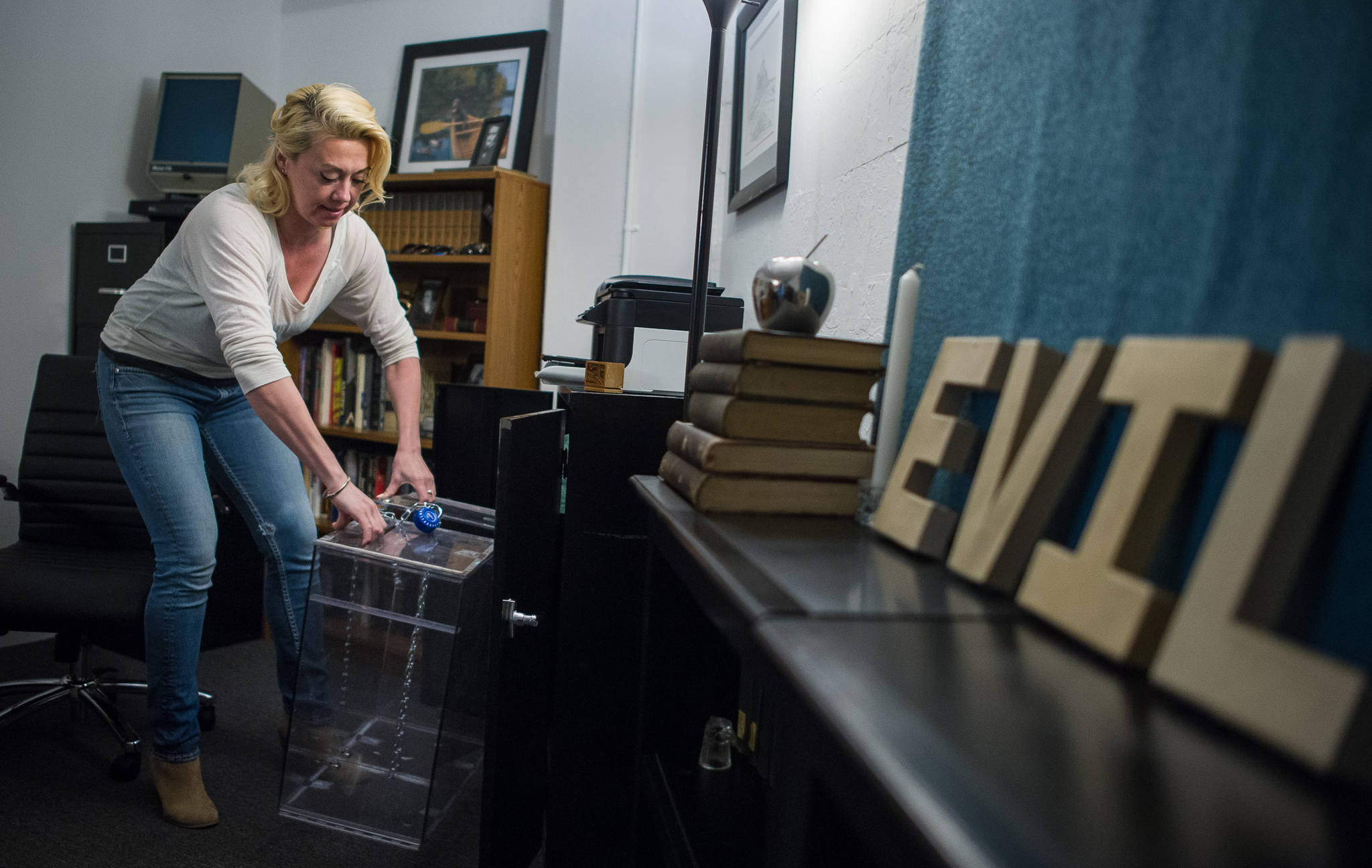 Niki Skeek-Wheeland shows off her Espionage Room at her new business, Escape Game Alaska, on Monday, August, 7, 2017. The business will be the first escape room in Southeast Alaska. Skeek-Wheeland is planning to open next month. (Michael Penn | Juneau Empire)