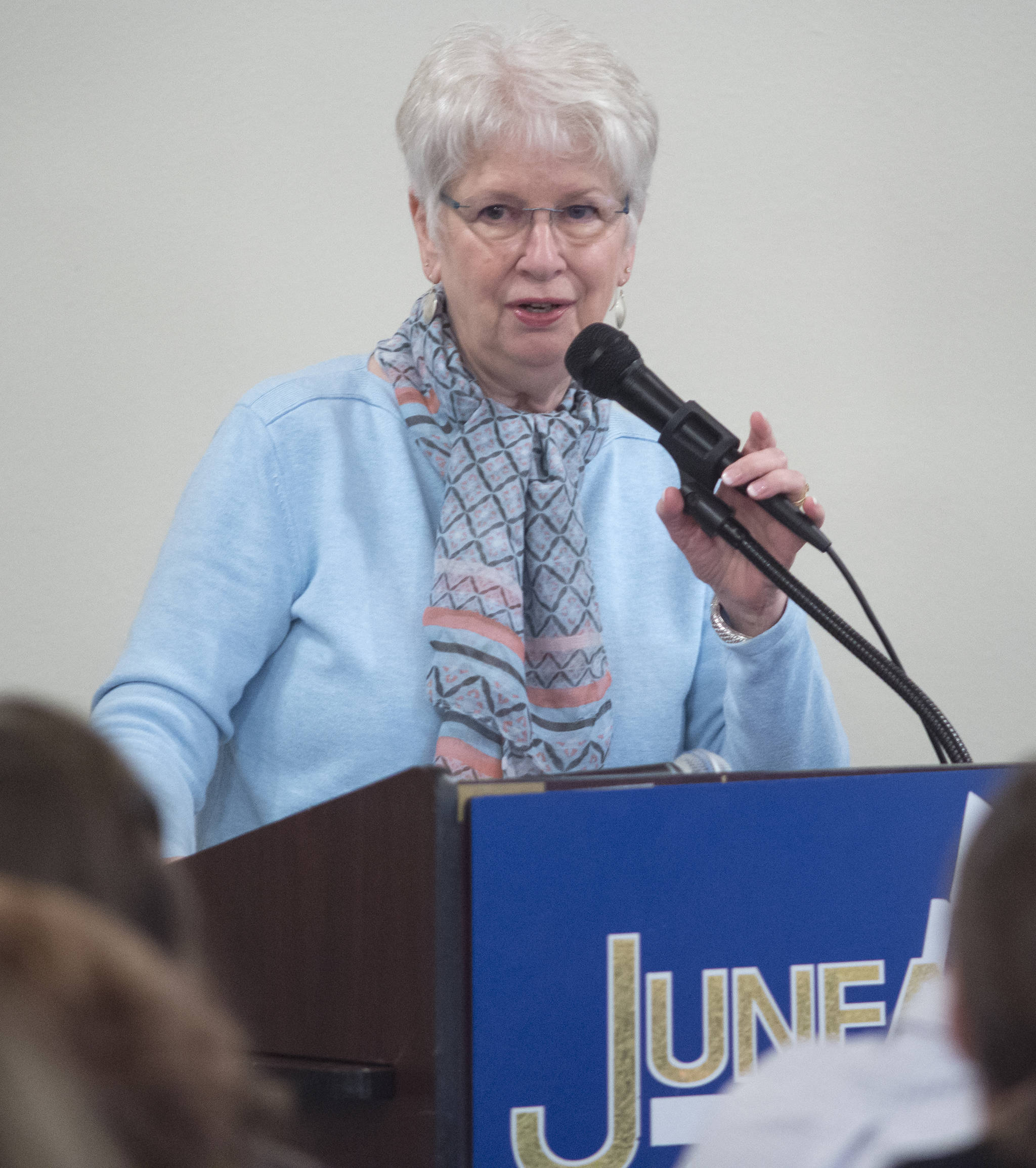 Sioux Douglas, President of Senior Citizen Support Services, Inc., gives a status update on “Riverview Senior Community” during the Juneau Chamber of Commerce luncheon at the Moose Lodge on Thursday, Aug. 24, 2017. (Michael Penn | Juneau Empire)