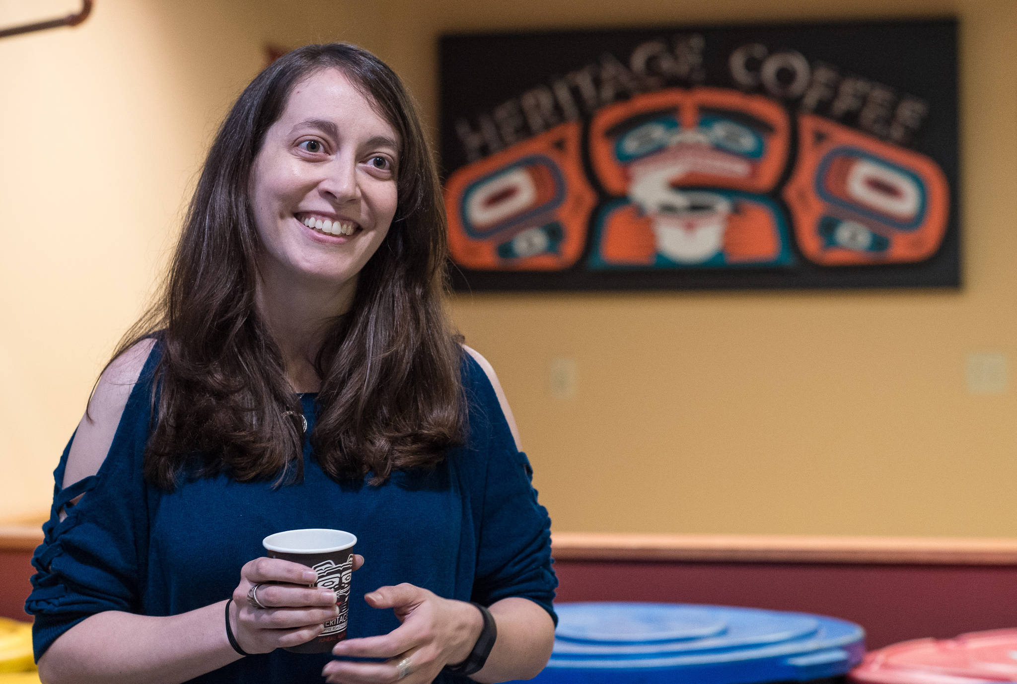 Amy Knight talks about her new ownership of Heritage Coffee at their downtown office and roasting facility on Thursday, Aug. 31, 2017. (Michael Penn | Juneau Empire)