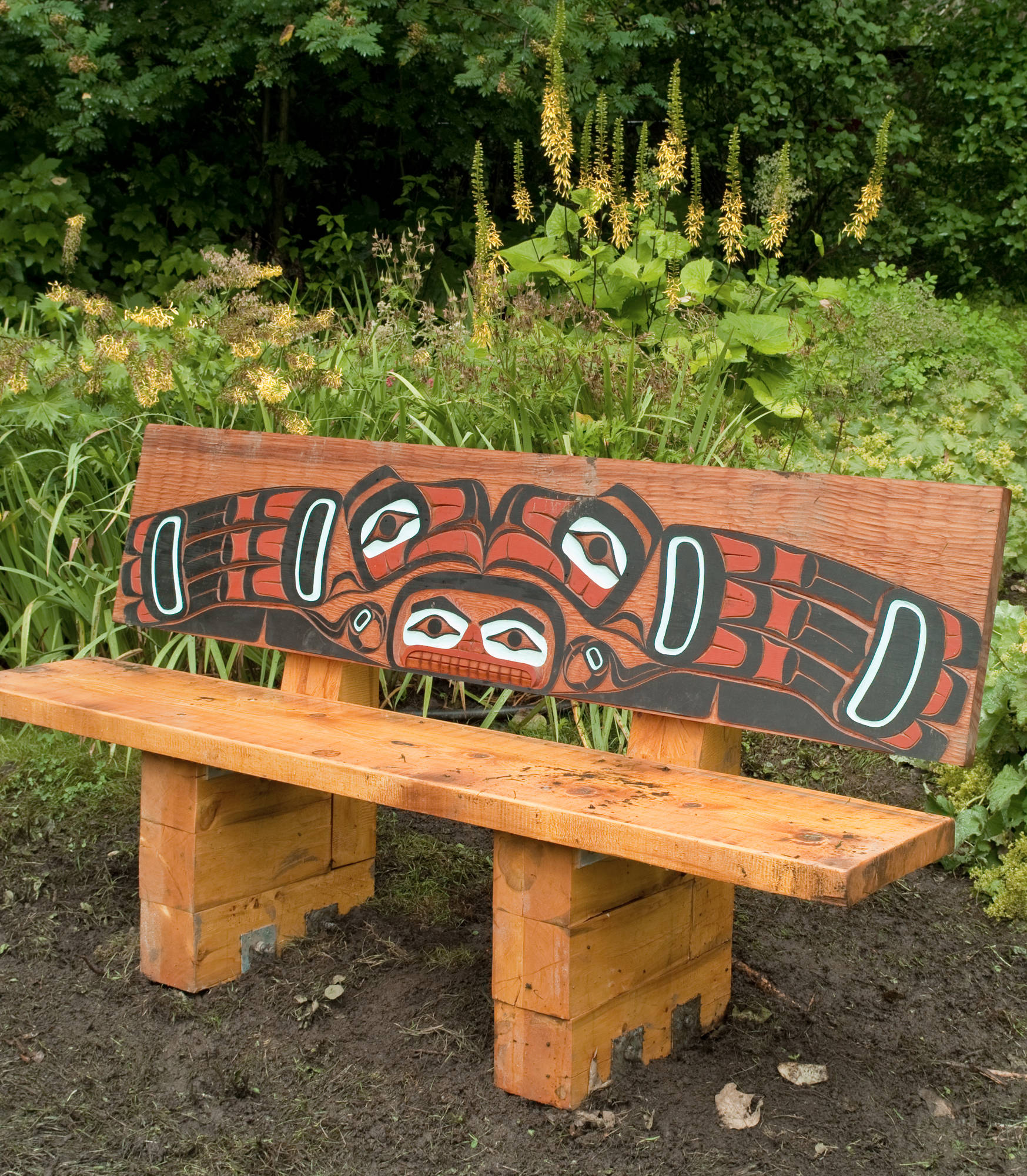 A newly painted cedar bench was recently installed at the Juneau-Douglas City Museum. (Michael Penn | Juneau Empire)