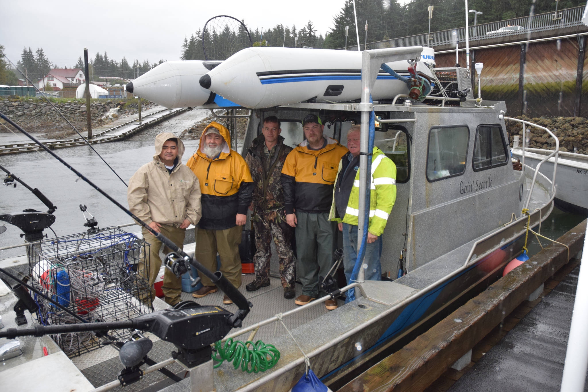 Veterans and Elks Lodge members pose for a photo before a fishing outing sponsored by the Elks Lodge. Pictured from left are: Juvenciano Soto, Mike Moffitt, Roscoe Archer, Alex Kelly and Dale Vilander. (Kevin Gullufsen | Juneau Empire)