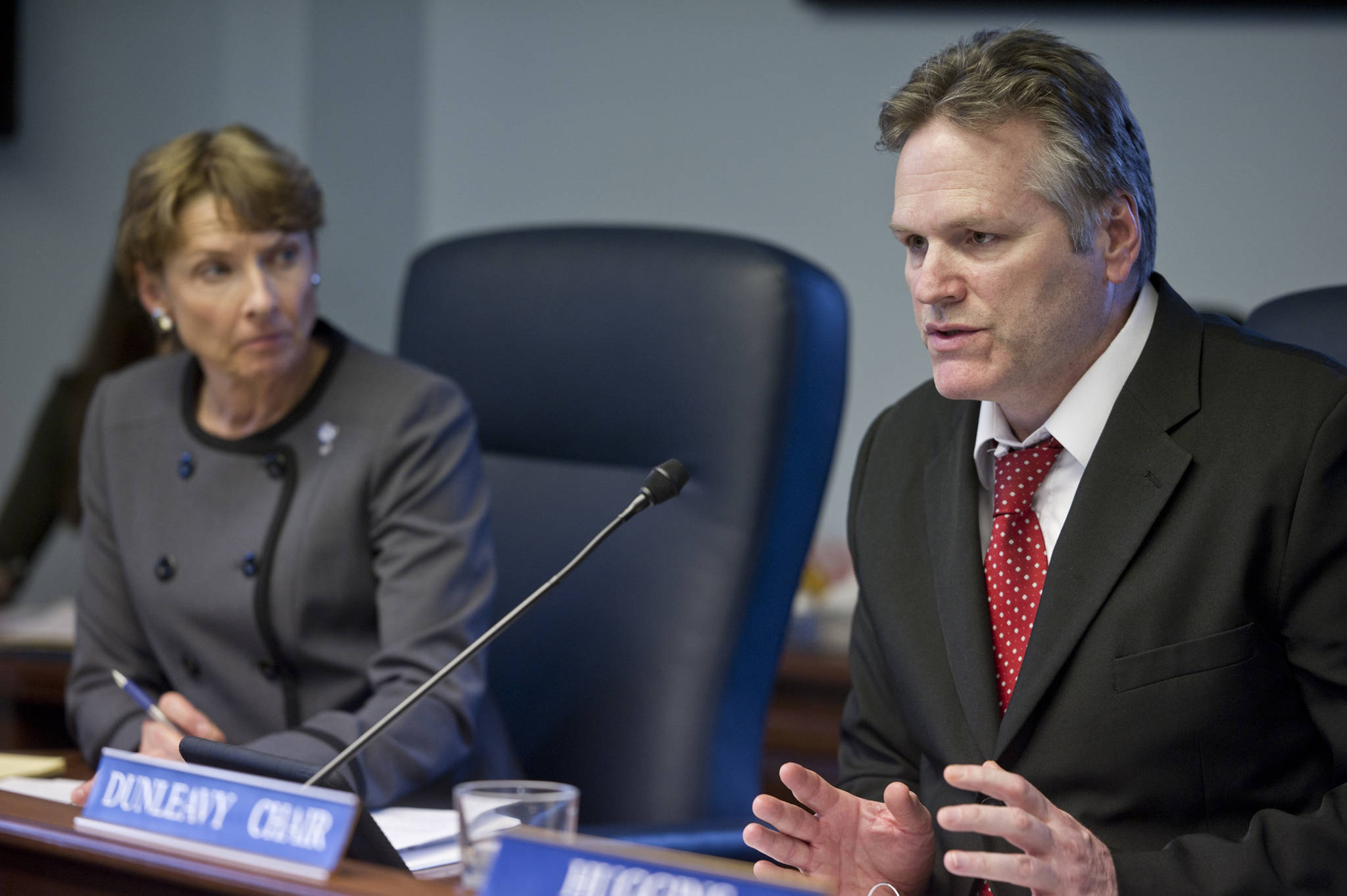In this March 2016 photo, Sen. Mike Dunleavy, R-Wasilla, questions Dr. Susan McCauley, Interim Commissioner of the Alaska Department of Education and Early Development, during a Senate Education Committee on SB 191 at the Capitol. (Michael Penn | Juneau Empire File)