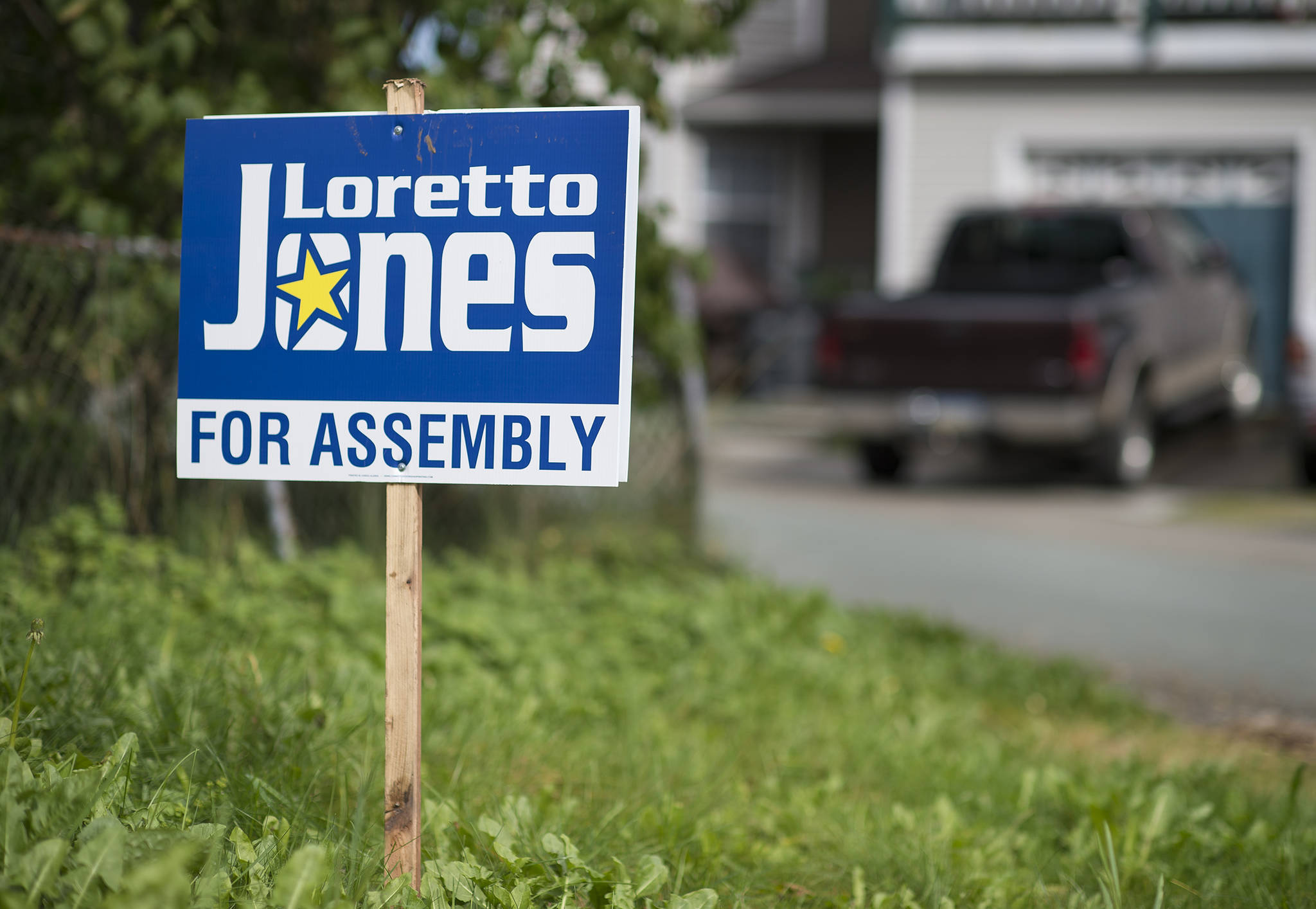 A Loretto Jones election sign downtown on Tuesday, Sept. 12, 2017. (Michael Penn | Juneau Empire)