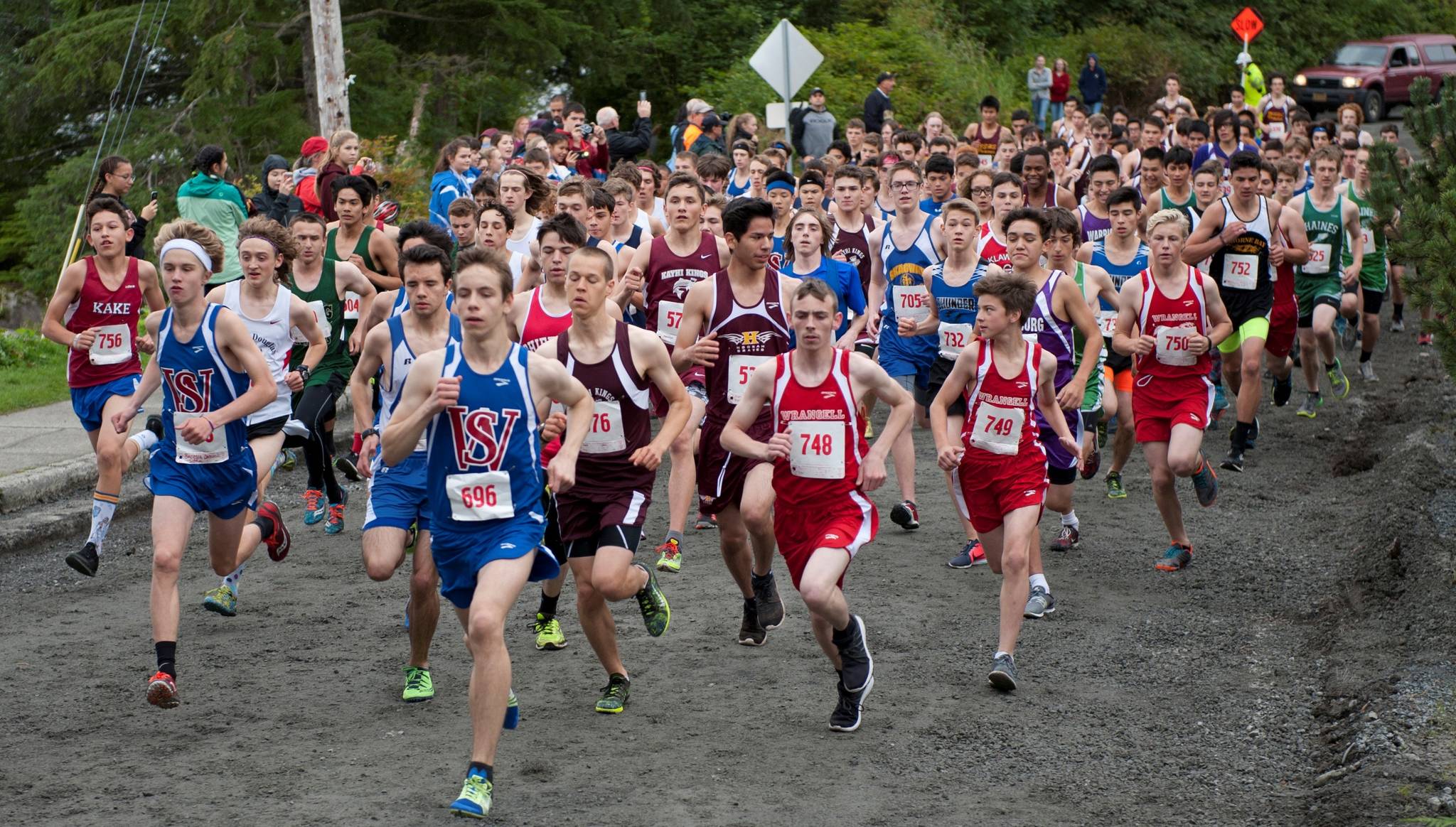 Runners jostle for position at the start of a cross country meet in Sitka on Sept. 16. (James Pulson | Sitka Sentinel)