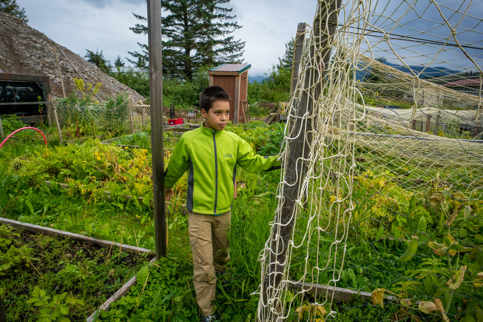 Ted walks in the Hoonah Healing Community Garden. (Photo by Bethany Goodrich)