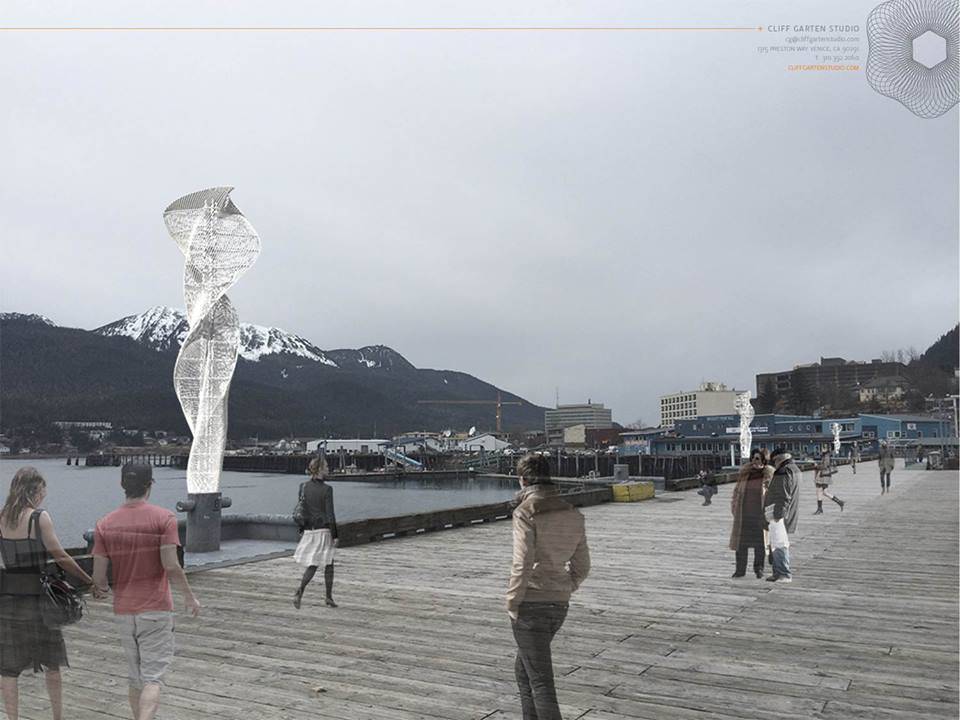 California-based artist Cliff Garten’s rendering of what one of his sculptures will look like on the Juneau Seawalk. The sculptures will be installed starting Sept. 27. (Photo courtesy of Cliff Garten Studios)