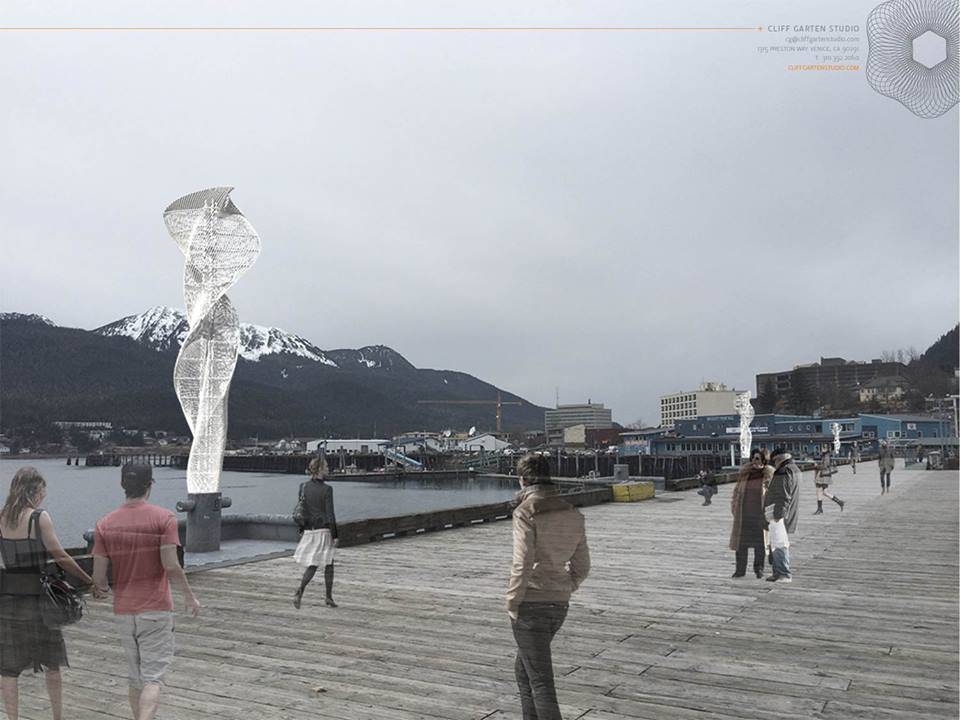 California-based artist Cliff Garten&rsquo;s rendering of what one of his sculptures will look like on the Juneau Seawalk. The sculptures will be installed starting Sept. 27. (Photo courtesy of Cliff Garten Studios)