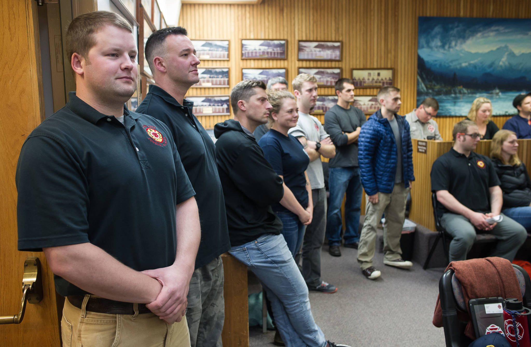 Members of International Association of Fire Fighters Local 4303 attend Monday, Sept. 18, 2017, Assembly meeting to speak to Assembly members about their concern in the number of career firefighters working in Juneau. (Michael Penn | Juneau Empire)