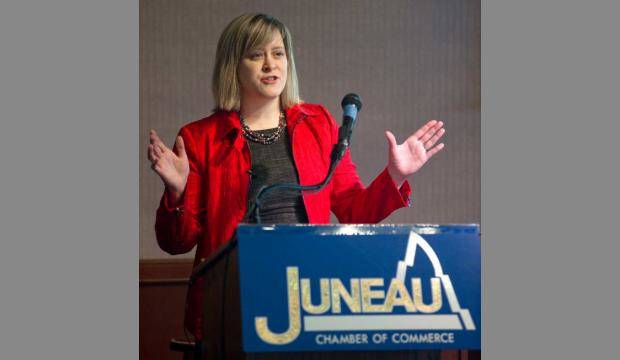 Sen. Mia Costello speaks to the Juneau Chamber of Commerce in 2012. (Juneau Empire file)