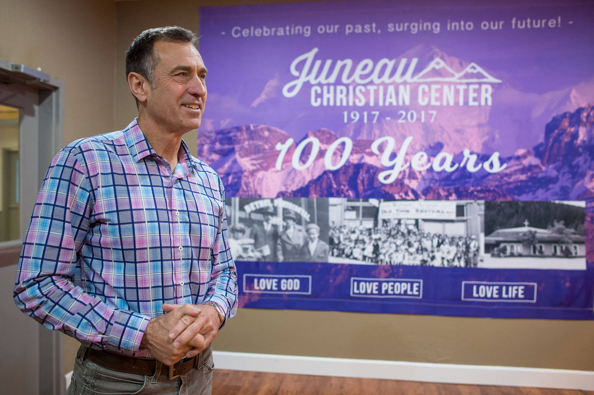 Mike Rose, senior pastor at the Juneau Christian Center, talks about the center’s 100th Anniversay celebration to be held his weekend. The center is located at the corner of Glacier Highway and Old Dairy Road, next to Fred Meyer. Rose has been a pastor at the center for 30 years. (Michael Penn | Juneau Empire)