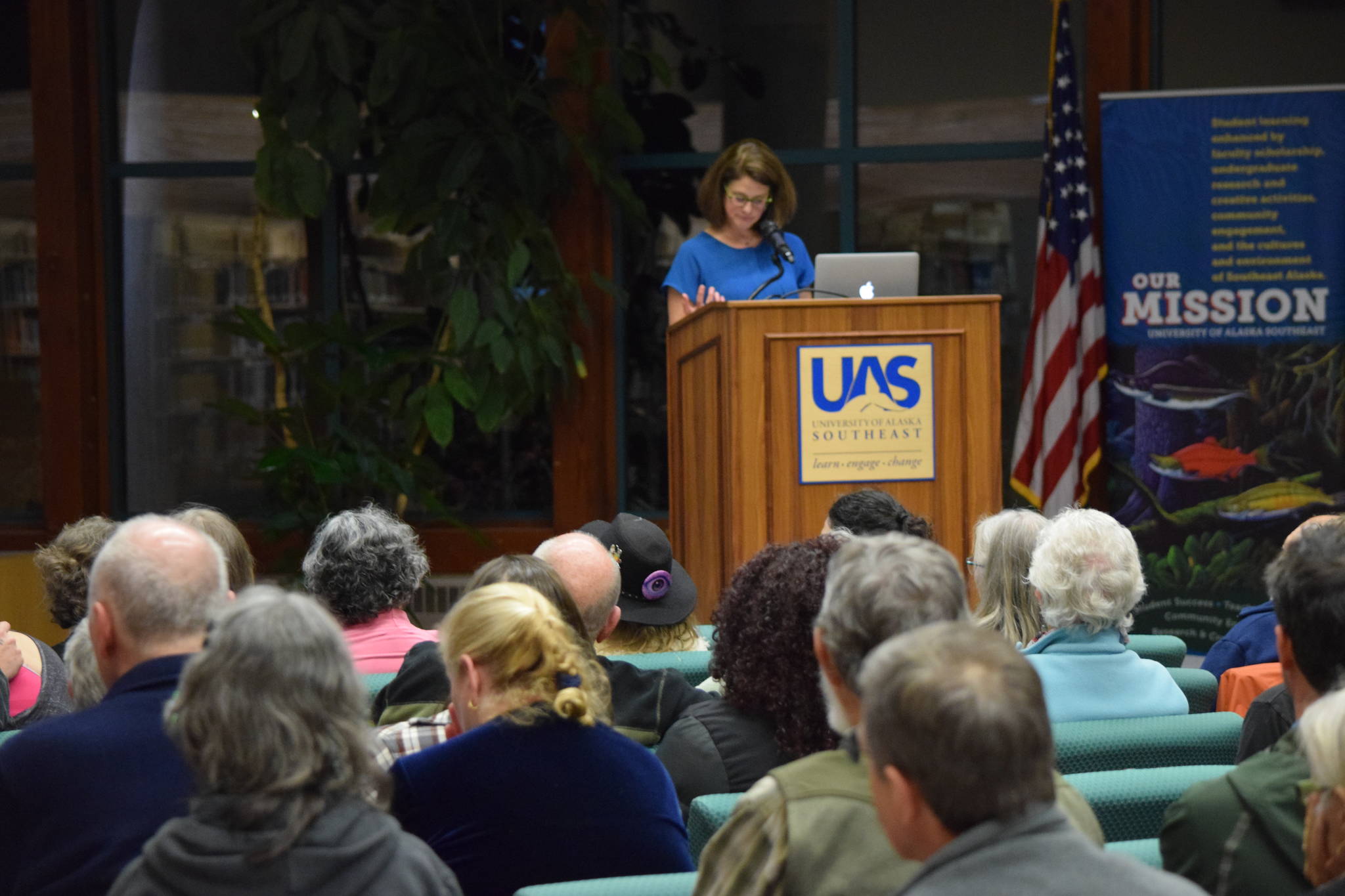 Dr. Lora Vess at a lecture on food security on Friday at the University of Alaska Southeast. (Kevin Gullufsen | Juneau Empire)