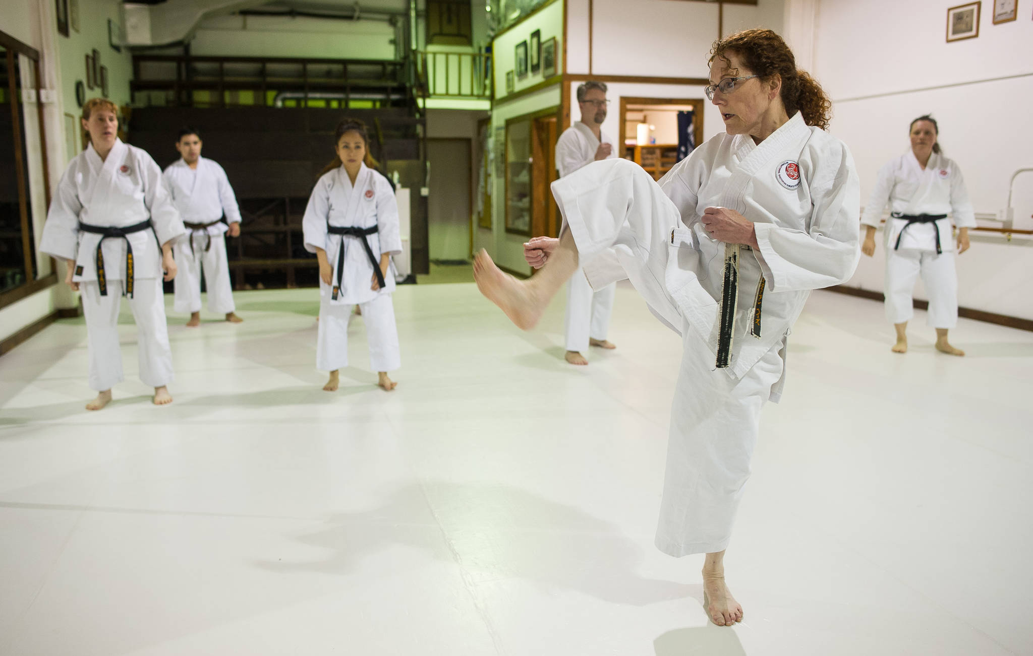 Master Instructor Diana Stevens gives a demonstration at Juneau Shotokan Karate on Thursday, Oct. 5, 2017. (Michael Penn | Juneau Empire)