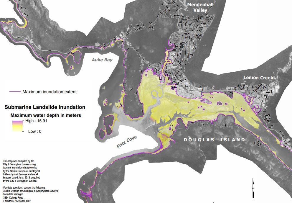 This map, compiled by the City and Borough of Juneau, illustrates the maximum water depth that would be caused by an inshore, landslide-caused tsunami. (Courtesy of City and Borough of Juneau)
