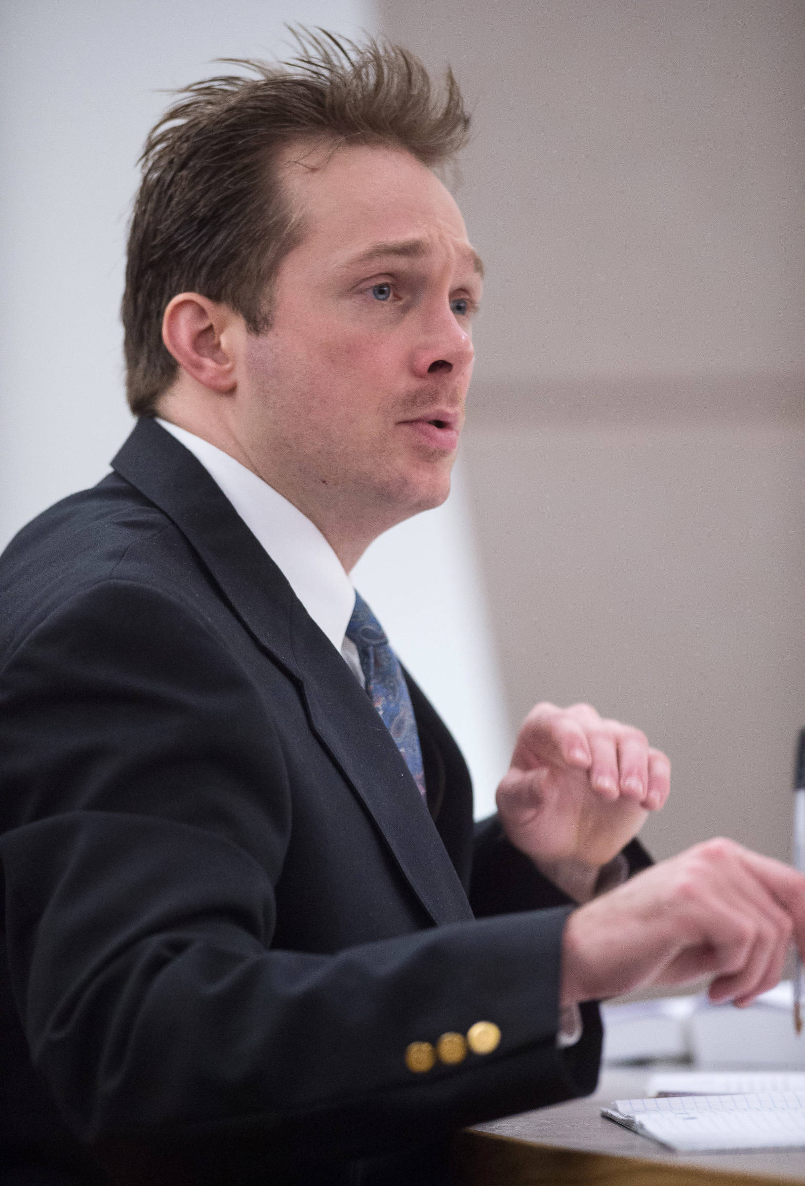 Christopher Strawn raises an objection against Juneau Assistant District Attorney Amy Paige’s question of a witness at his trial in Juneau Superior Court on Friday, Oct. 6, 2017. Strawn, 34, faces charges of first-degree and second-degree murder, manslaughter, criminally negligent homicide, third-degree assault and weapons misconduct in the shooting death of Brandon Cook in October 2015. (Michael Penn | Juneau Empire)