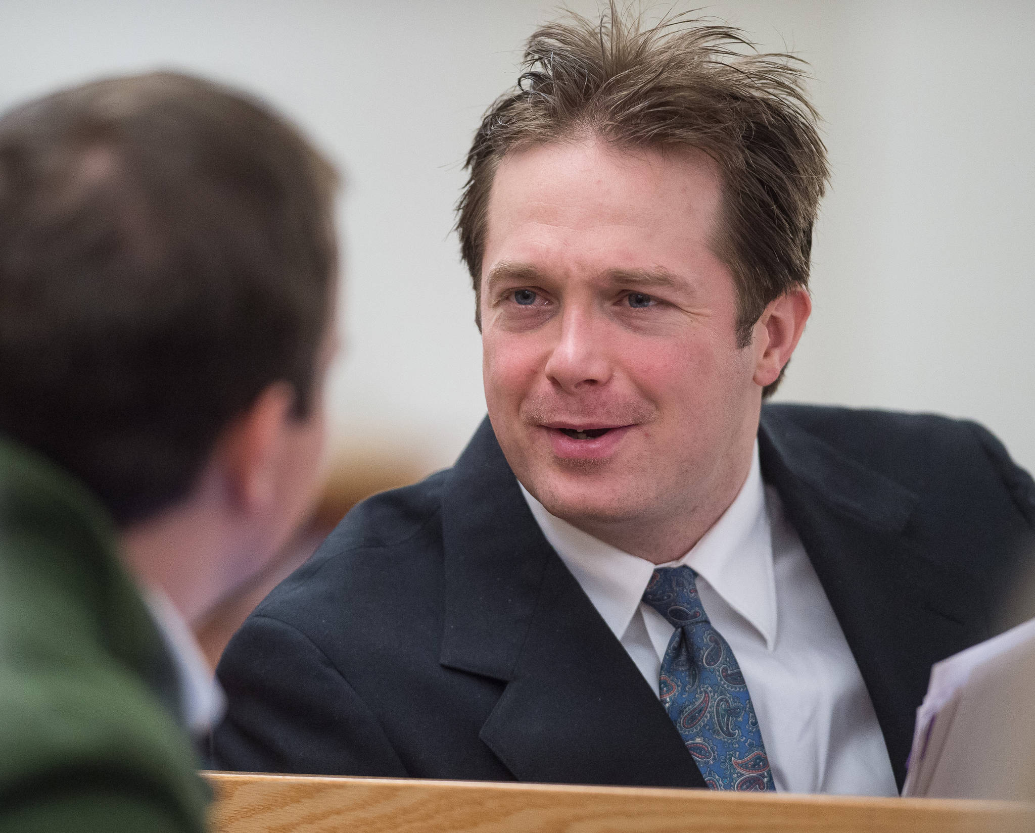 Christopher Strawn, right, confers with criminal defense attorney Nicholas Polasky during his trial in Juneau Superior Court on Wednesday, Oct. 11, 2017. Strawn, 34, faces charges of first-degree and second-degree murder, manslaughter, criminally negligent homicide, third-degree assault and weapons misconduct in the shooting death of Brandon Cook in October 2015. (Michael Penn | Juneau Empire)