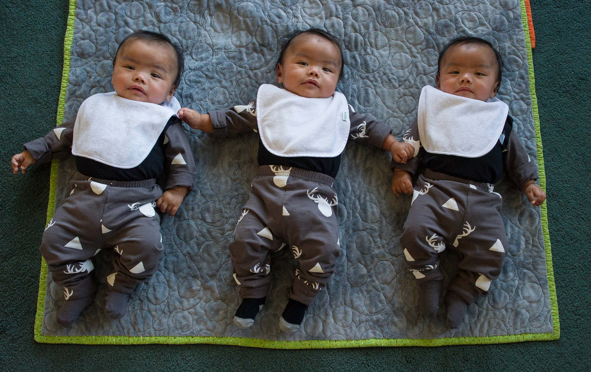 Liam, Lawrence and Logan David are identical triplets born on April 23, 2017, to parents John David and Lory Rowe. They were photographed at their Mendenhall Valley home on Tuesday, Oct. 10, 2017. (Michael Penn | Juneau Empire)