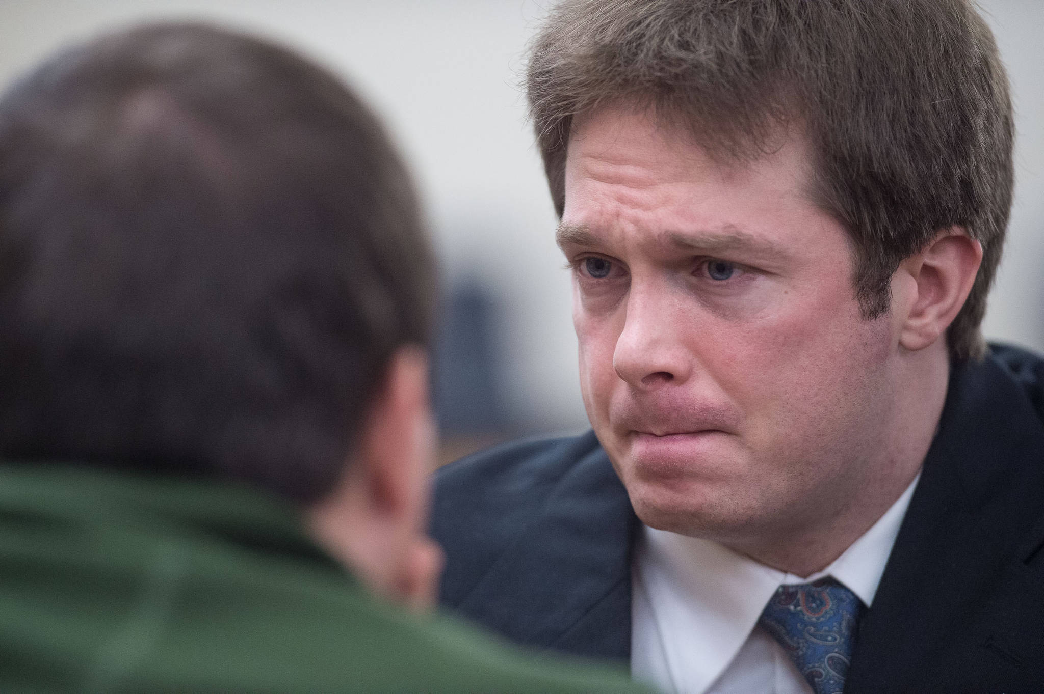 Christopher Strawn, right, confers with criminal defense attorney Nicholas Polasky during his trial in Juneau Superior Court on Monday, Oct. 16, 2017. Strawn, 34, faces charges of first-degree and second-degree murder, manslaughter, criminally negligent homicide, third-degree assault and weapons misconduct in the shooting death of Brandon Cook in October 2015. (Michael Penn | Juneau Empire File)