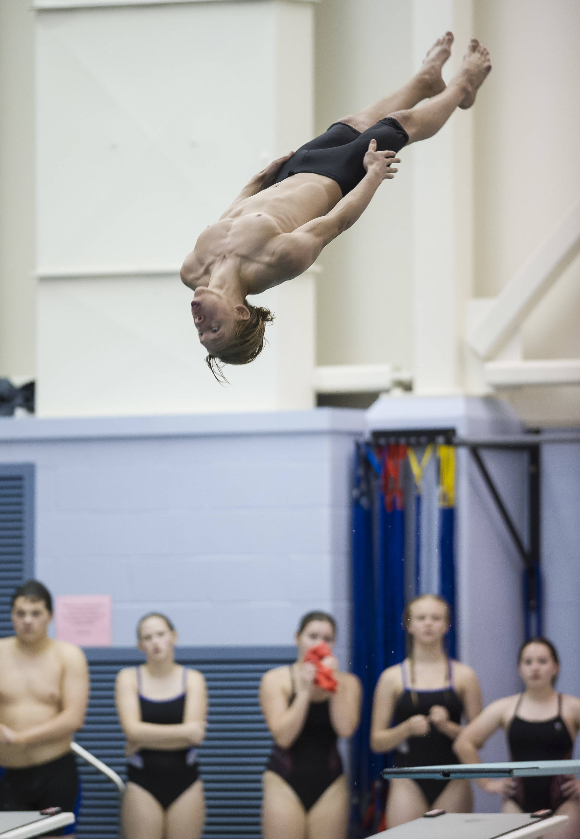Will Torgerson of Juneau-Douglas dives at the Southeast Alaska Regional Swim and Dive Championships at Thunder Mountain High School on Friday, Oct. 27, 2017. (Michael Penn | Juneau Empire)