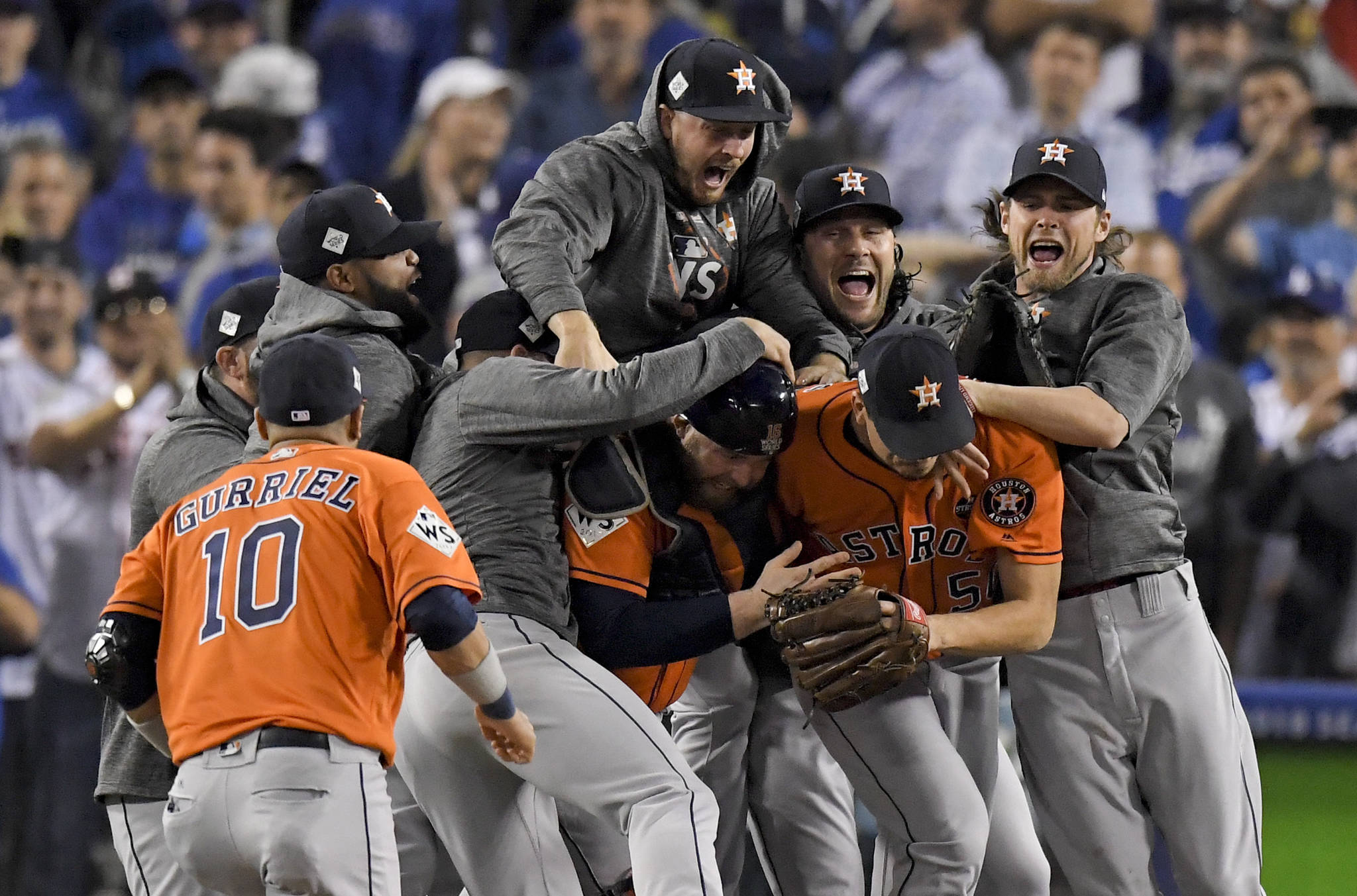 The Houston Astros celebrate after their win against the Los Angeles Dodgers in Game 7 of baseball’s World Series Wednesday, Nov. 1, 2017, in Los Angeles. The Astros won 5-1 to win the series 4-3. (Mark J. Terrill | The Associated Press)