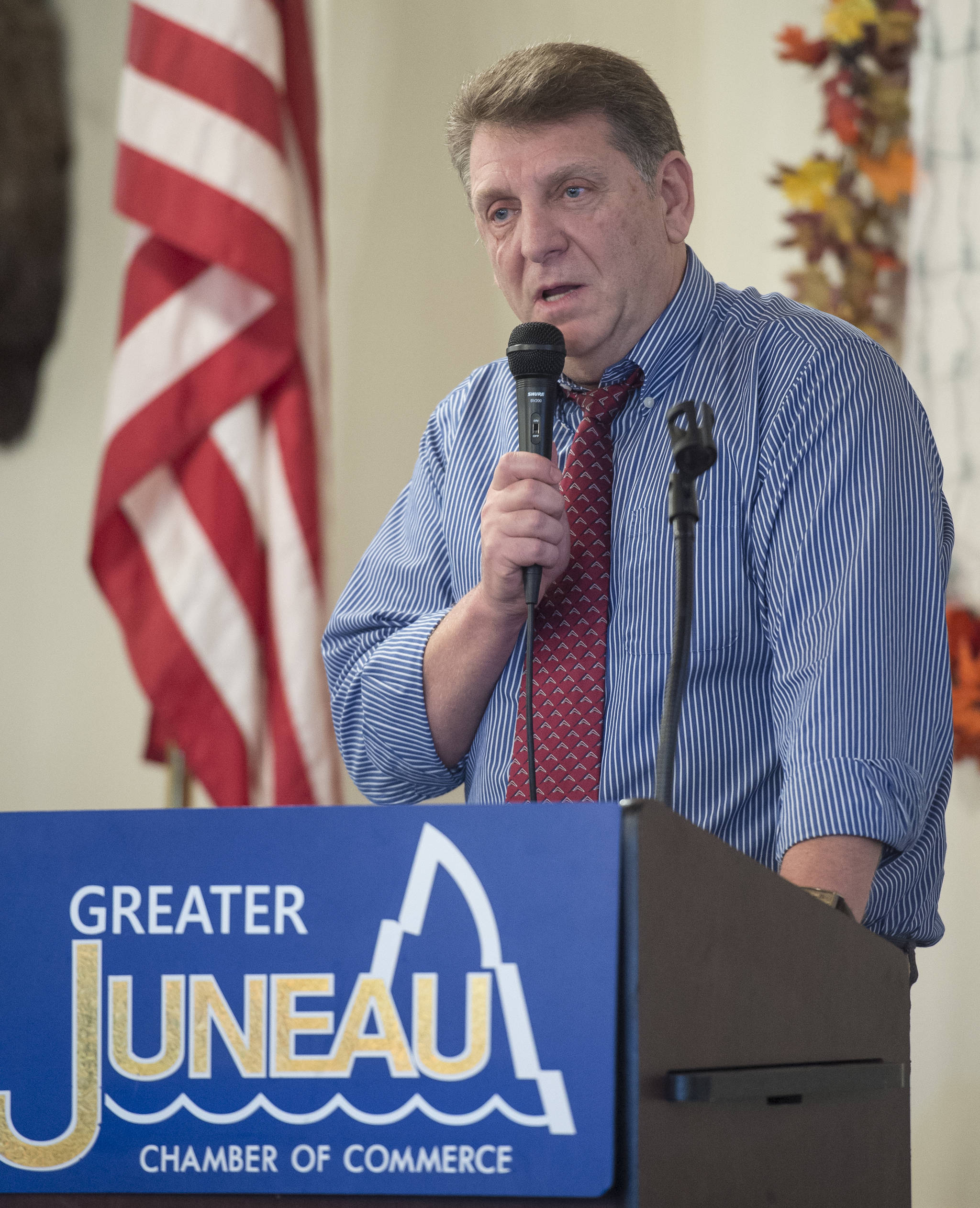 Alexander Dolitsky, Director of the Alaska-Siberia Research Center, speaks about his book “Old Russia in Modern America: Living Traditions of the Russian Old Believers” at the Juneau Chamber of Commerce luncheon at the Moose Lodge on Thursday, Nov. 2, 2017. (Michael Penn | Juneau Empire)