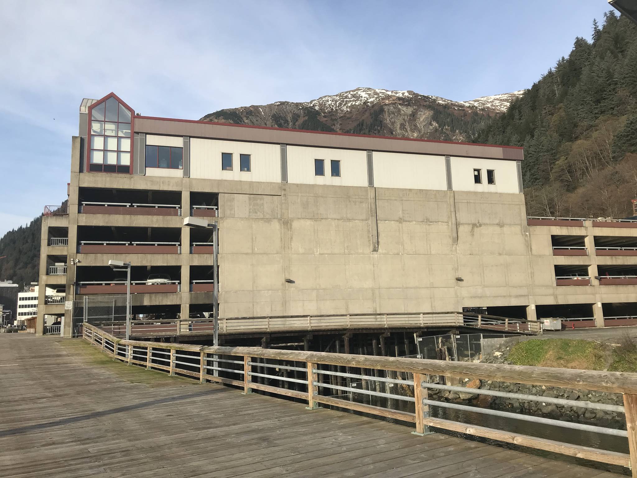 The south-facing wall of the Marine Parking Garage could serve as the location of a large mural that would greet visitors to town. (Alex McCarthy | Juneau Empire)