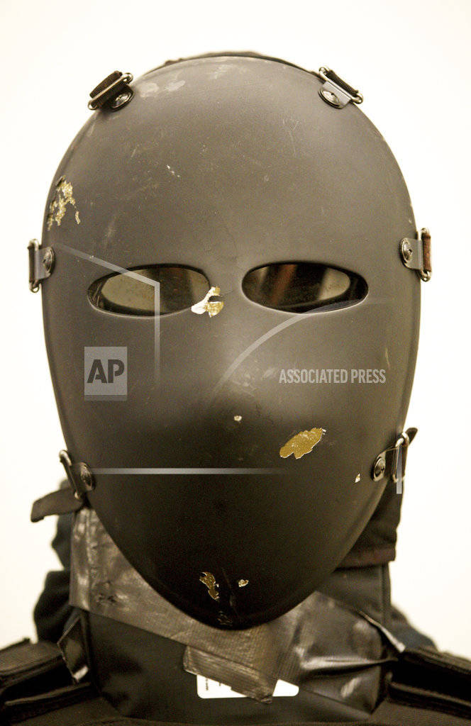 The bullet-proof face shield worn by Matthew Stover is displayed during a Fairbanks Police Department press briefing Thursday afternoon, Nov. 2, 2017 in Fairbanks, Alaska. Stover who was killed in June after firing at officers came prepared to kill, not die, wearing a bullet-proof mask and dressed head to toe in modified body armor, Fairbanks Police Chief Eric Jewkes said. (Eric Engman | Fairbanks Daily News-Miner via AP)