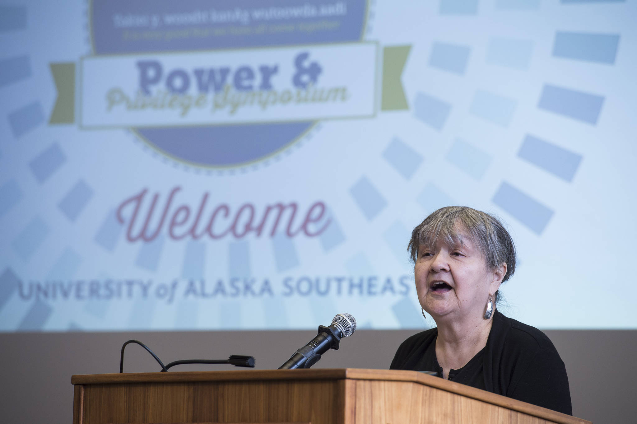 Alaska Writer Laureate Ernestine Hayes delivers her keynote speech at the Power & Privilege Symposium at the University of Alaska Southeast on Tuesday, Nov. 7, 2017. (Michael Penn | Juneau Empire)
