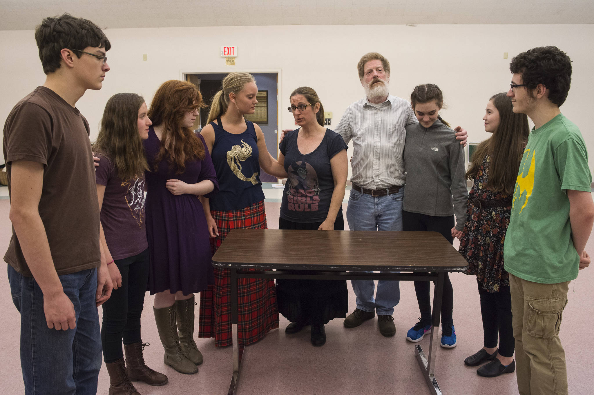 Left to right: James Deats, Erin MacDonald, Ashleigh Watt, Abigail Zahasky, Heather Mitchell, Michael Wittig Sr., Ava Meade, Clare Homan, and Cole Mitchell. Rehearsal of Latitude 58’s production of “Fiddler on the Roof” at St. Ann’s Hall on Thursday, Nov. 9, 2017. (Michael Penn | Capital City Weekly)