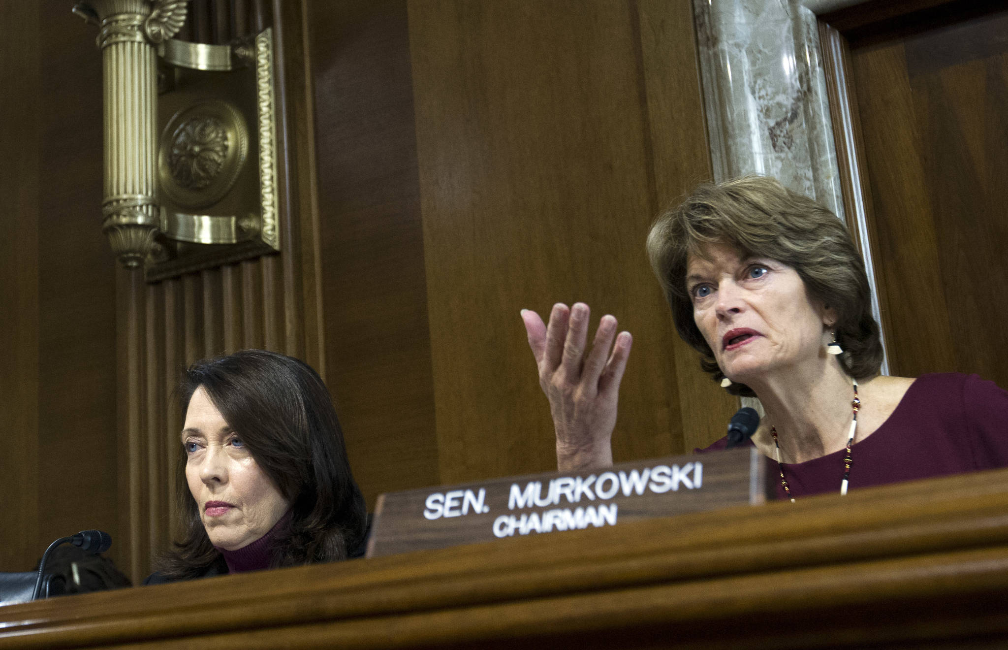 Senate Energy and Natural Resources Committee Chair Sen. Lisa Murkowski, R-Alaska, right, speaks as committee&rsquo;s ranking member Sen. Maria Cantwell, D-Wash., looks on, during a hearing on Capitol Hill in Washington, Wednesday, Nov. 15, 2017. Oil and gas drilling in Alaska&rsquo;s Arctic National Wildlife Refuge moved closer Wednesday as a key Senate panel approved a bill to open the remote refuge to energy exploration. The Senate Energy and Natural Resources Committee approved the drilling measure, 13-10. (Jose Luis Magana | The Associated Press)
