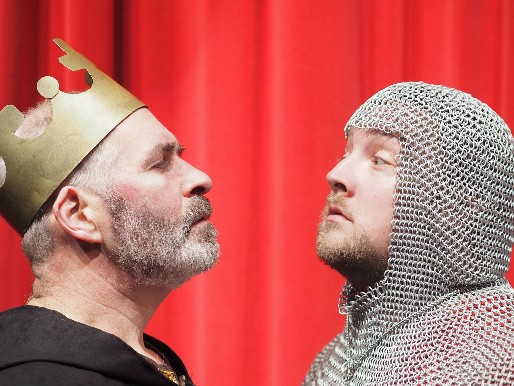 Left, Mark Zeiger as King Henry II, and right, Ryan Staska as Prince Richard the Lionheart. The Merry Trickers of Haines’ performance of “The Lion in Winter,” by James Goldman, runs two weekends beginning Friday, Nov. 24. Photographs by John Hagen.