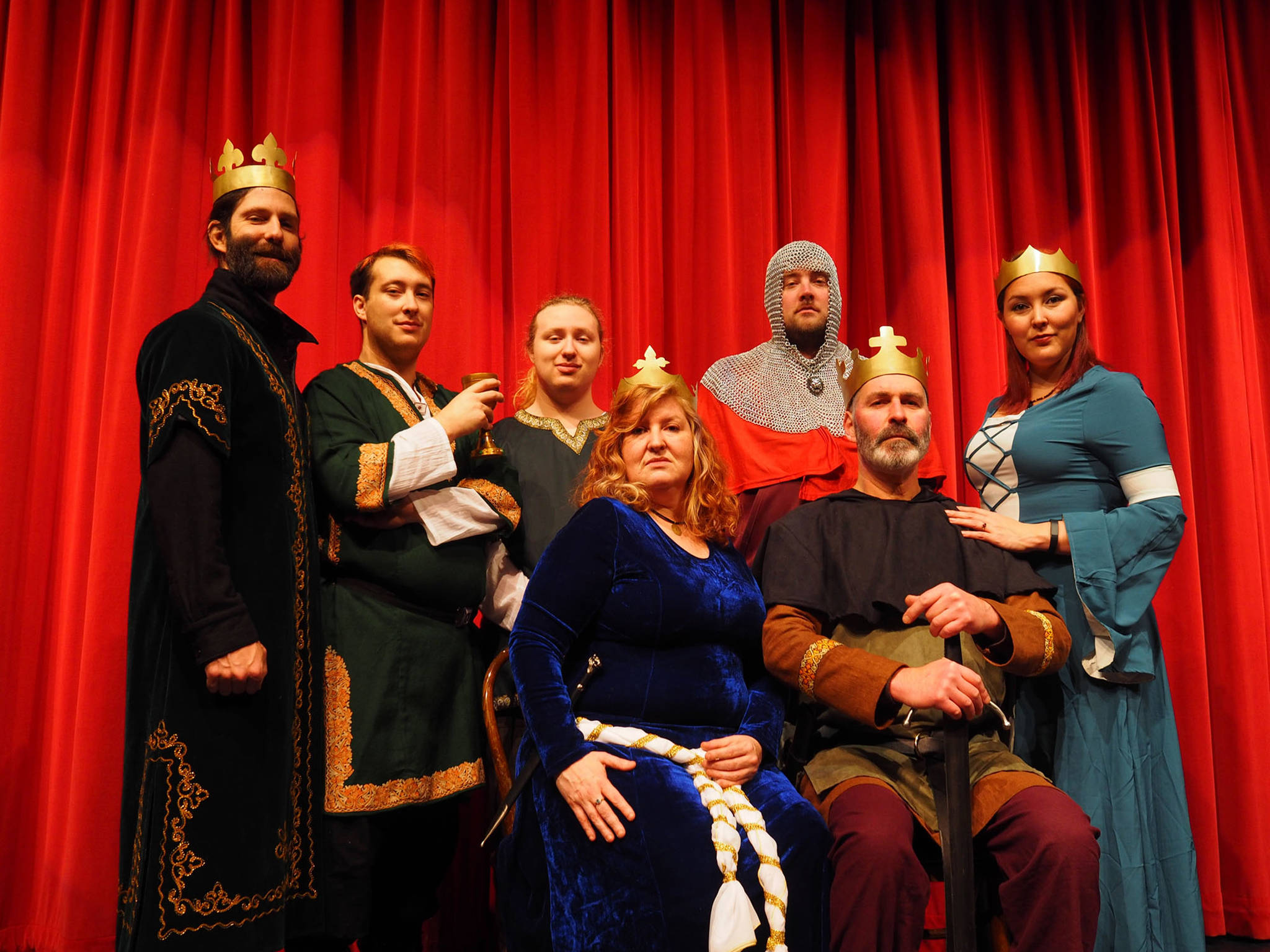 From left to right, Jedediah Blum-Evitts as King Philip II of France, Riyan Stossel as Prince Geoffrey, Dominic Stossel as Prince John, Amanda Randles as Eleanor of Aquitaine, Ryan Staska as Prince Richard, Mark Zeiger as King Henry II of England, and Gina Randles as Princess Alais Capet in the Merry Trickers of Haines’ performance of “The Lion in Winter.” Photos by John Hagen.