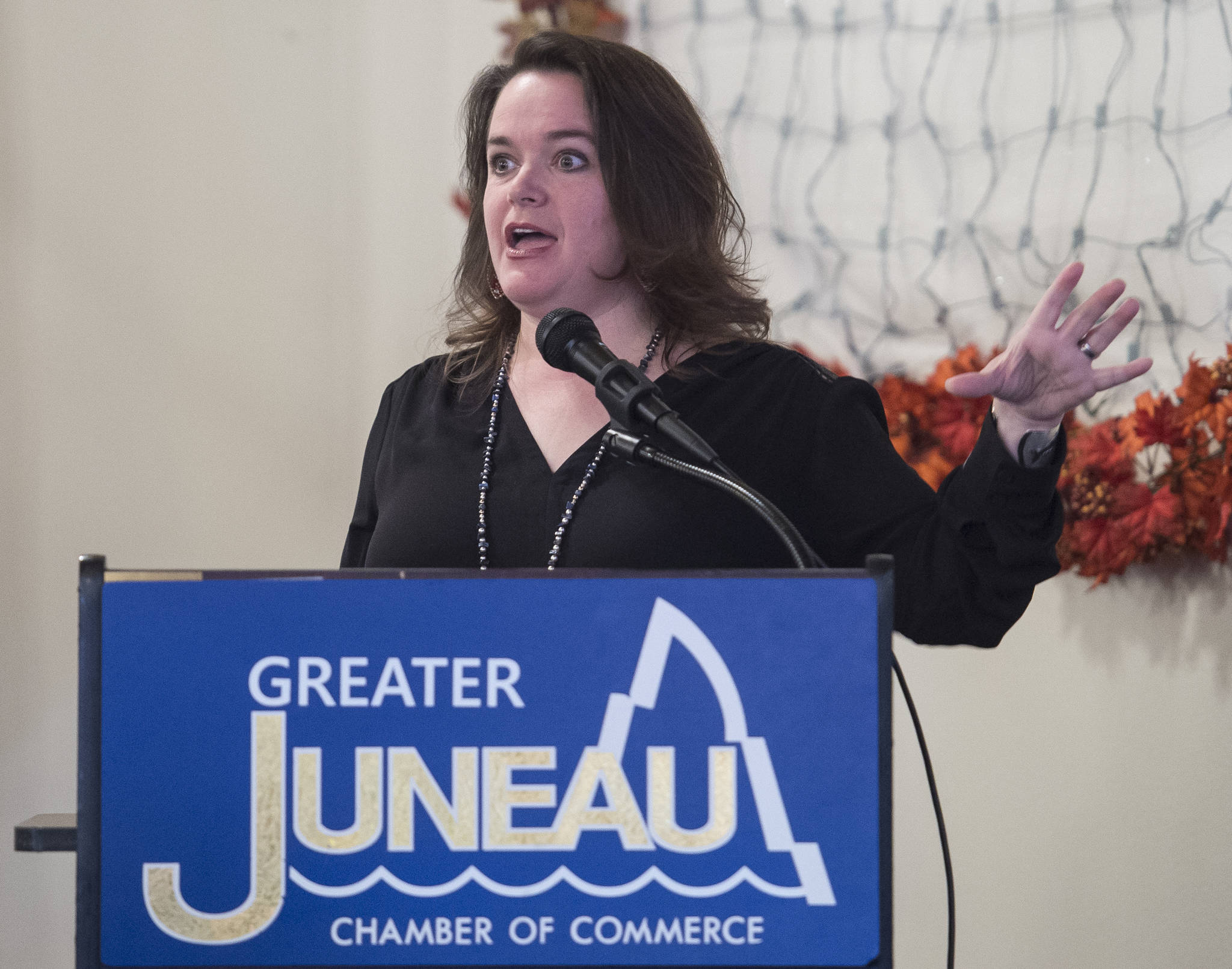 Meilani Schijvens gives her “Southeast by the Numbers” presentation at the Juneau Chamber of Commerce weekly luncheon at the Moose Lodge on Thursday, Nov. 16, 2017. (Michael Penn | Juneau Empire)