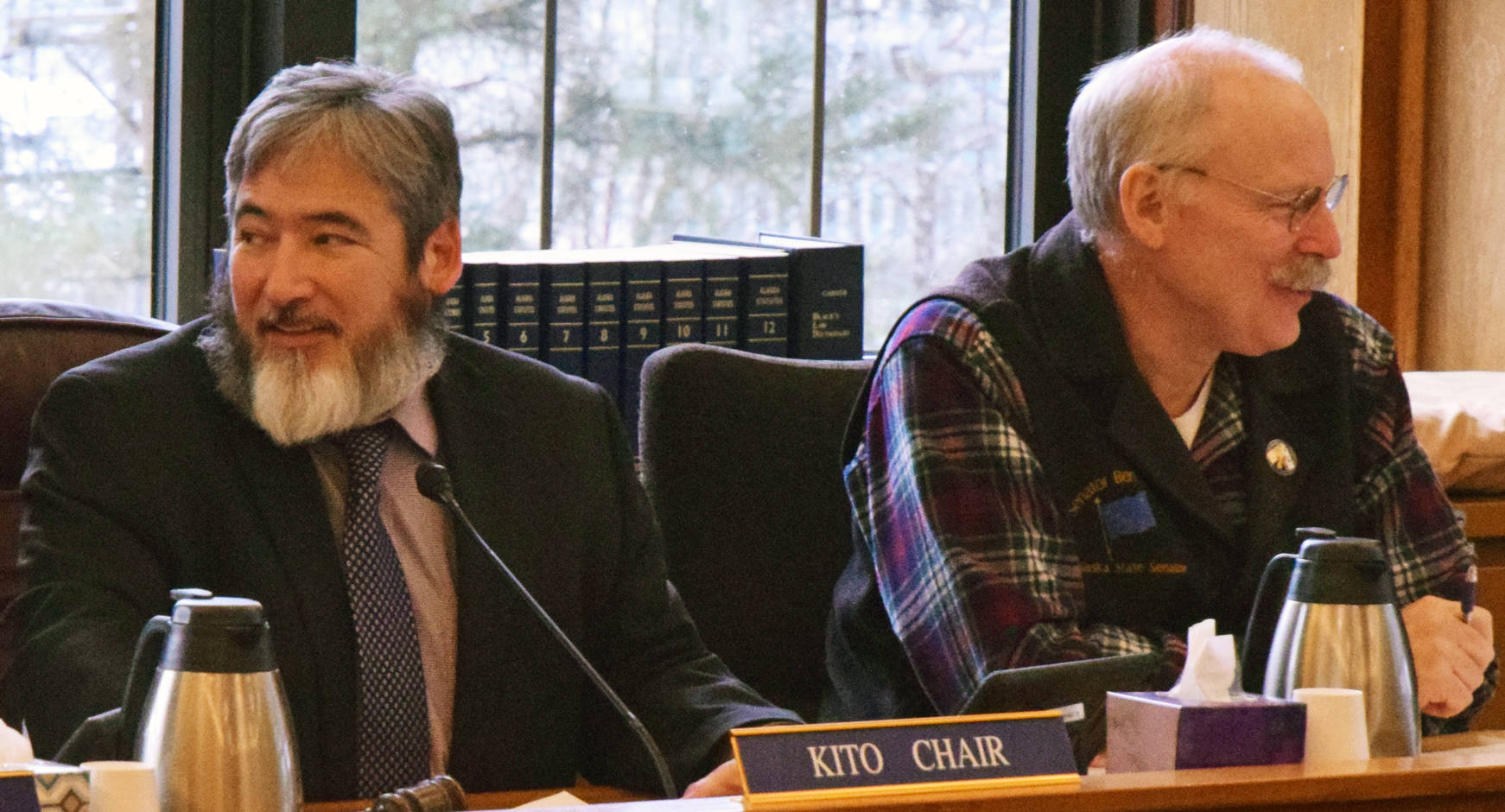 Rep. Sam Kito III, D-Juneau, and Sen. Bert Stedman, R-Sitka, preside over a meeting of the Alaska Legislature’s Legislative Council on Tuesday, Nov. 21, 2017. (James Brooks | Juneau Empire)