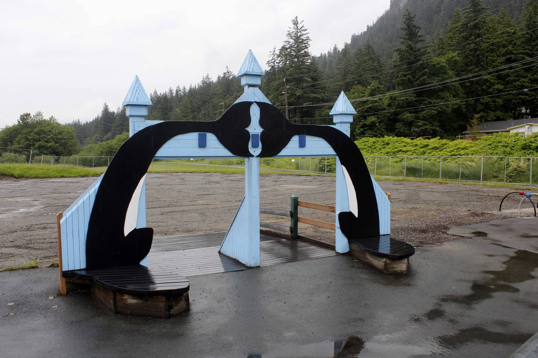 The entryway to the Twin Lakes Playground still stands after the rest of the burnt-down playground has been cleaned up and taken away. (Alex McCarthy | Juneau Empire)