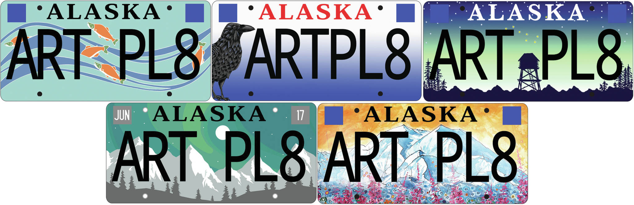 Courtesy Image | Alaska State Council on the Arts These five license plates were the options for voters in the 2017 statewide contest. The winning design, at bottom left, by Anita Laulianen, features the aurora.