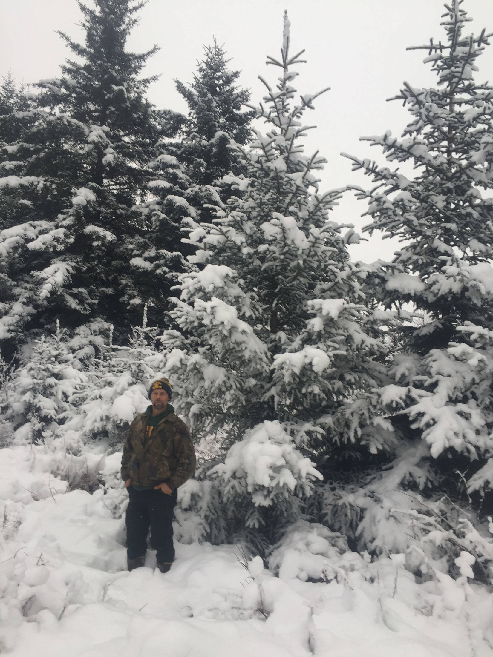 Glen Israelson stands in front of the chosen tree in Yakutat. Photo courtesy of Paul Robbins Jr.