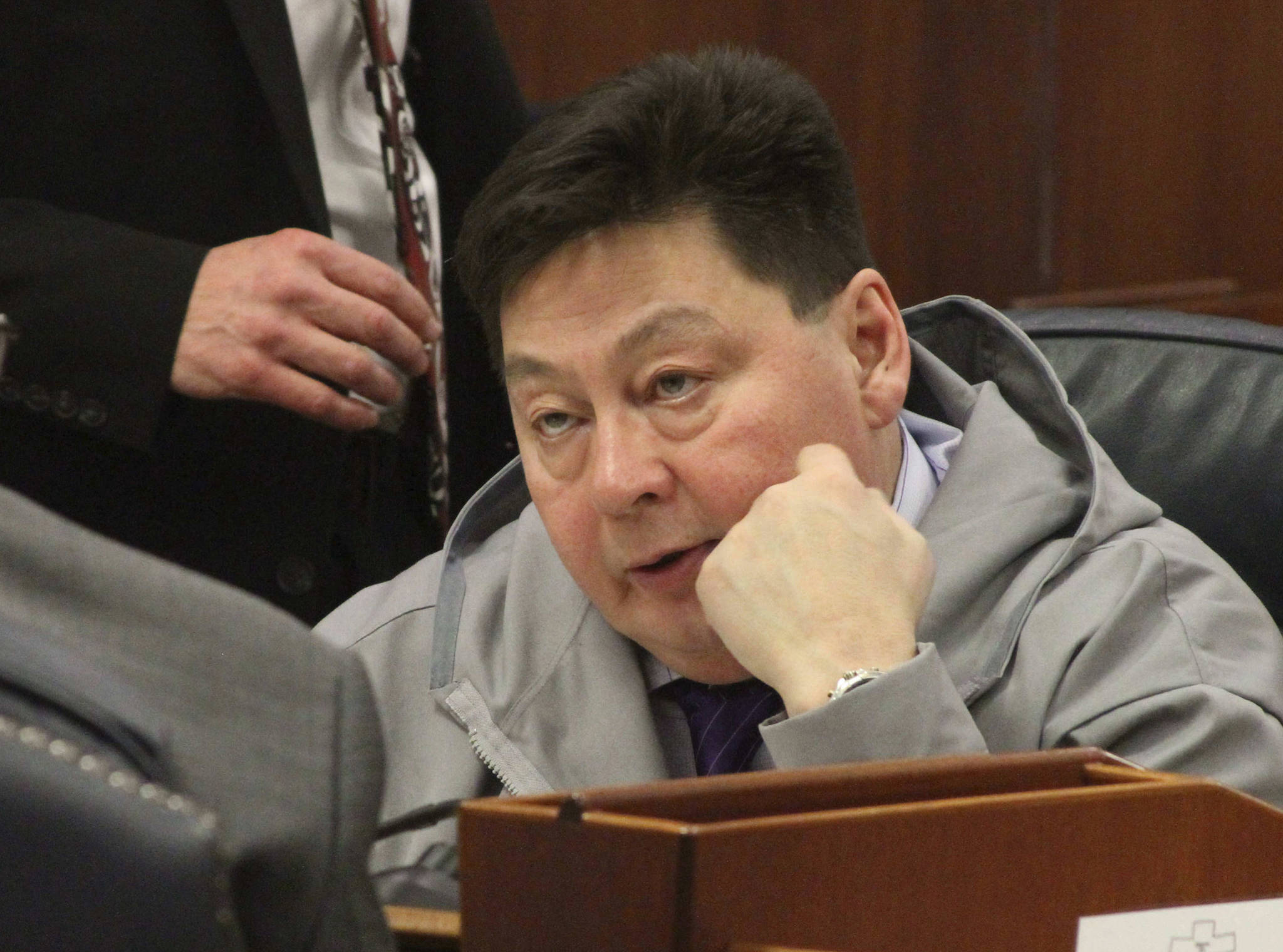 In this Jan. 17, 2017 photo, state Rep. Dean Westlake, D-Kotzebue, talks with another legislator during a break in the opening session of the Alaska Legislature in Juneau, Alaska. An Alaska state representative accused of inappropriate behavior by a former legislative aide says he apologizes if an encounter with him “made anyone uncomfortable.” Westlake released the statement after allegations against him were made public by the aide, Olivia Garrett, who did not work in Westlake’s office. (Mark Thiessen | The Associated Press File)