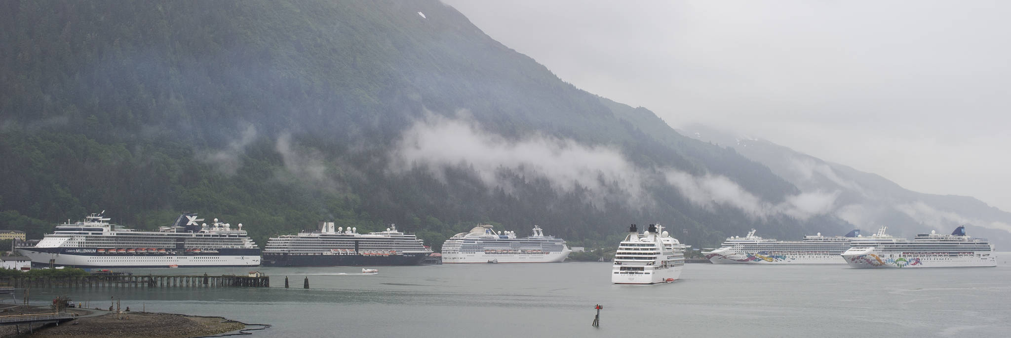Six cruise ships fill Juneau’s downtown harbor on Tuesday, July 11, 2017. (Michael Penn | Juneau Empire file)