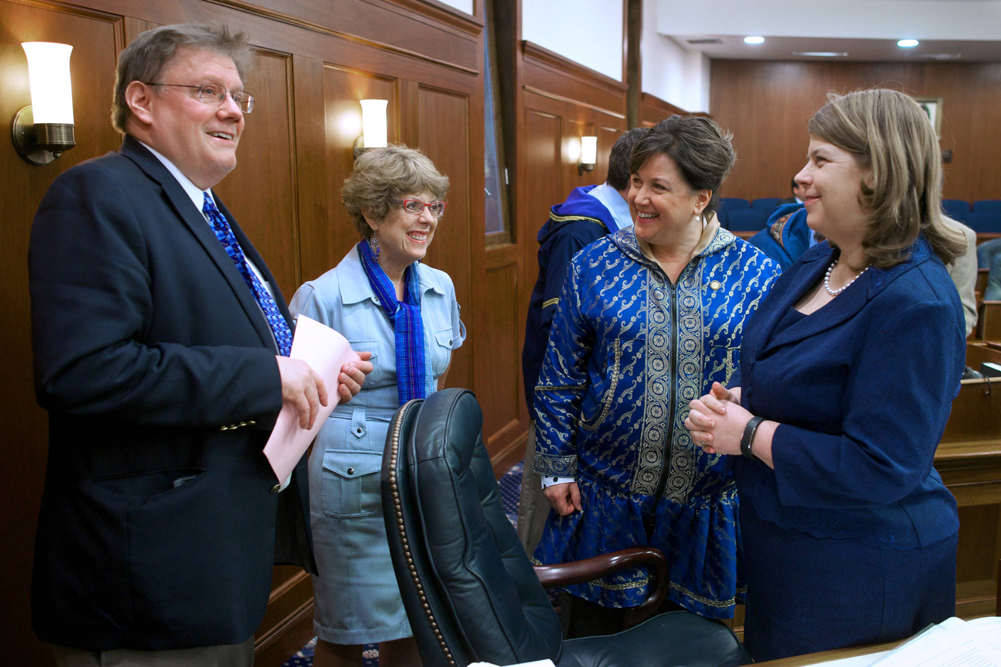 In this April 2014 photo, Rep. Bill Stoltze, R-Chugiak, left, speaks with Rep. Gabrielle LeDoux, R-Anchorage, Rep. Lynn Gattis, R-Wasilla, and Rep. Tammie Wilson, R-North Pole, in the House Chambers. (Michael Penn | Juneau Empire File)