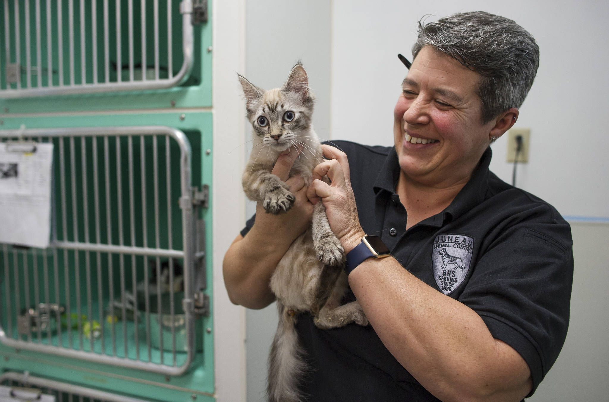 Animal Control Officer Karen Wood holds one of 27 cats rescued from a Juneau home last week at the Gastineau Humane Society on Thursday, Jan. 11, 2018. The first batch of cats will be available for adoption on Monday with more later in the week. (Michael Penn | Juneau Empire)